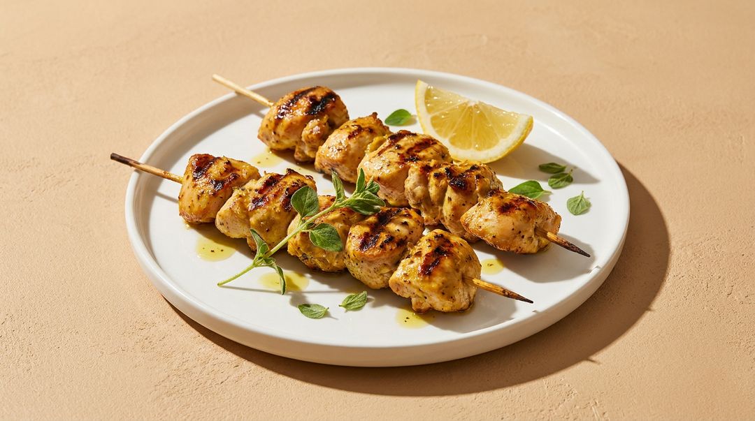 Mediterrane Hähnchenspieße vom Grill mit Zitrone und Kräutern