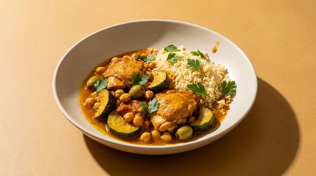 Marokkanisch inspiriertes Zitronenhähnchen mit Zucchini und Kichererbsen