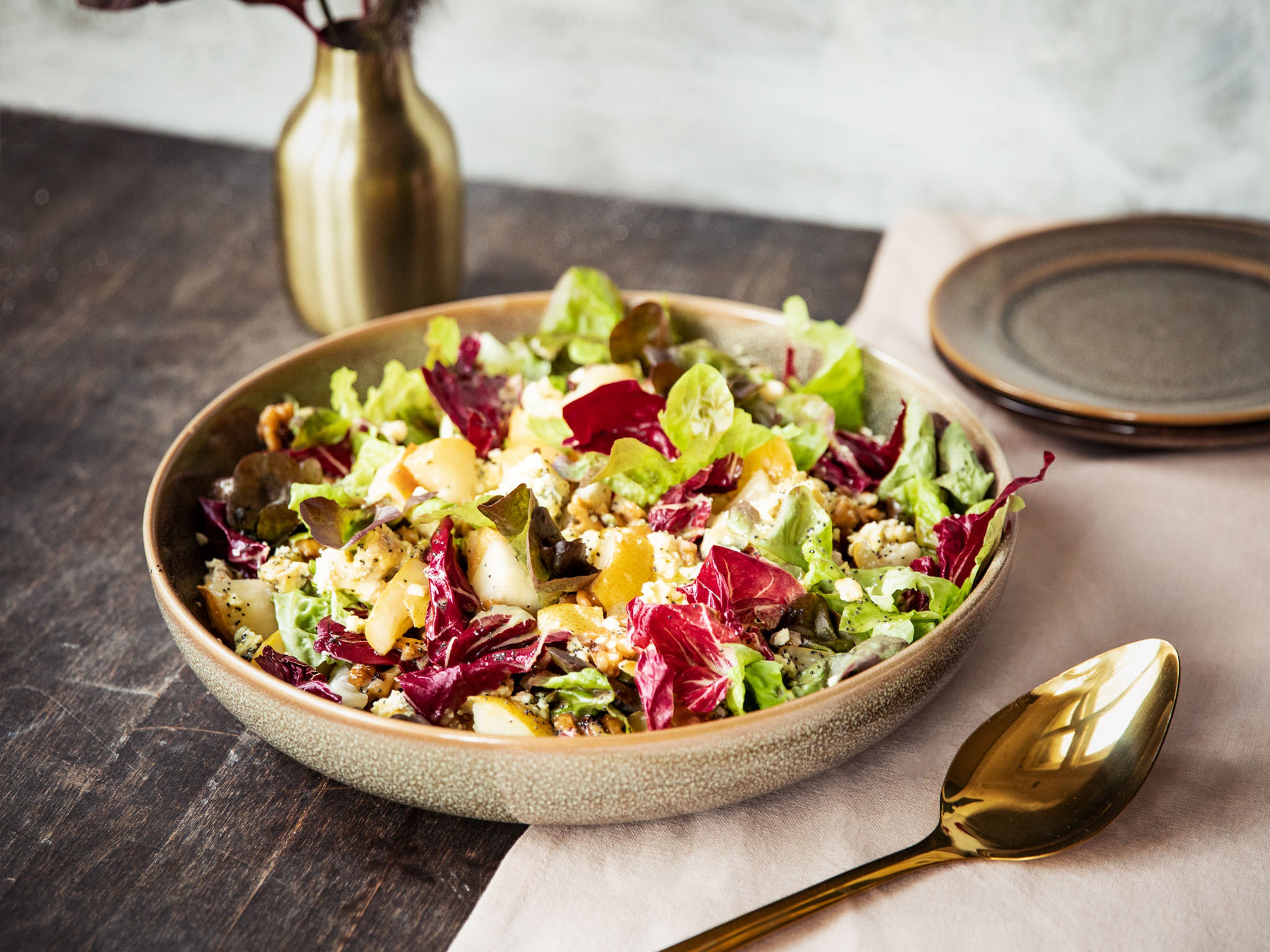Caramelized pear, radicchio, and blue cheese salad