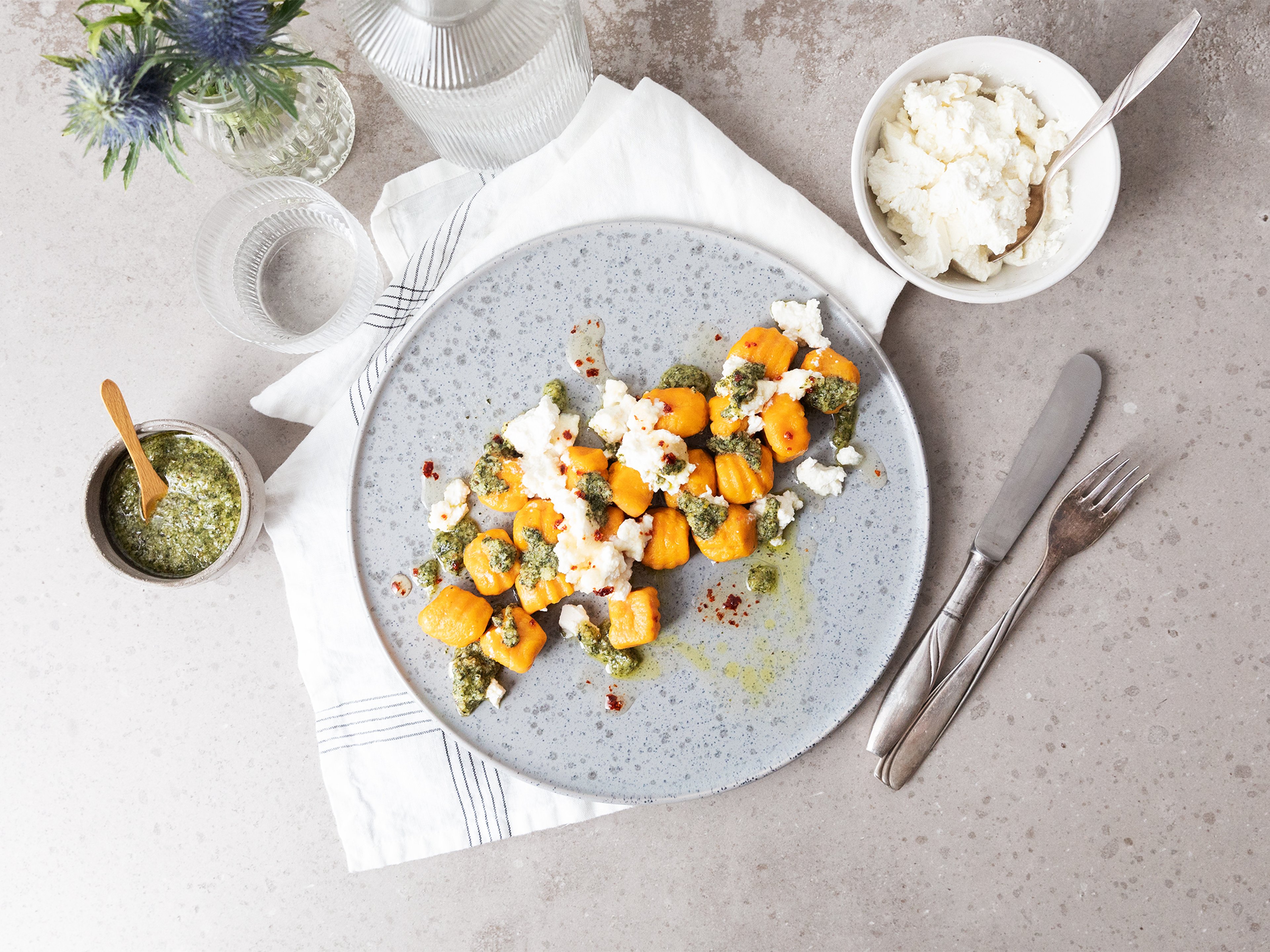 Carrot-ricotta gnocchi with mint pesto and hot honey