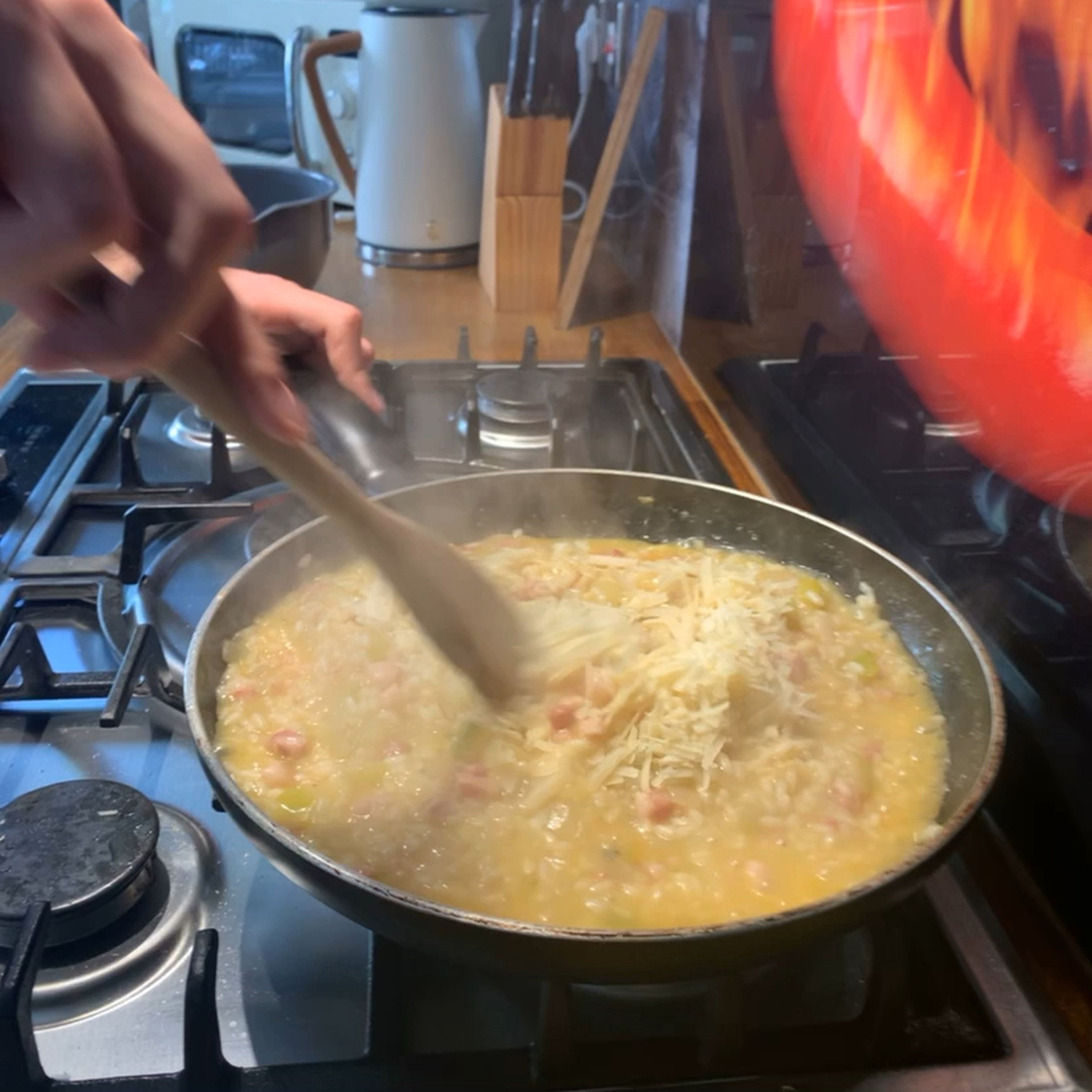 Turn the heat of and stir in the parmesan, test for seasoning and leave for 2 mins