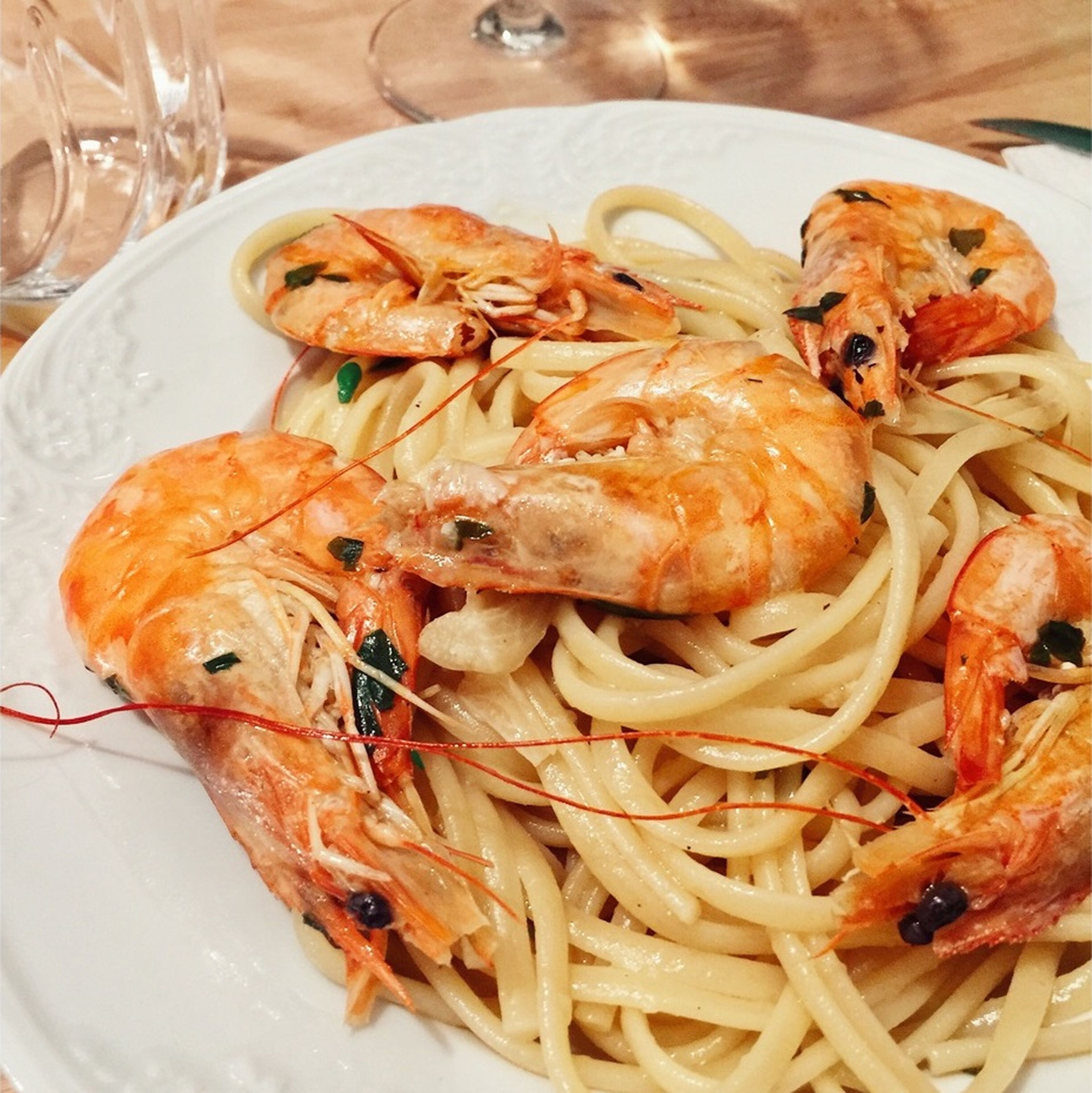 Angel hair pasta with shrimp in white wine sauce