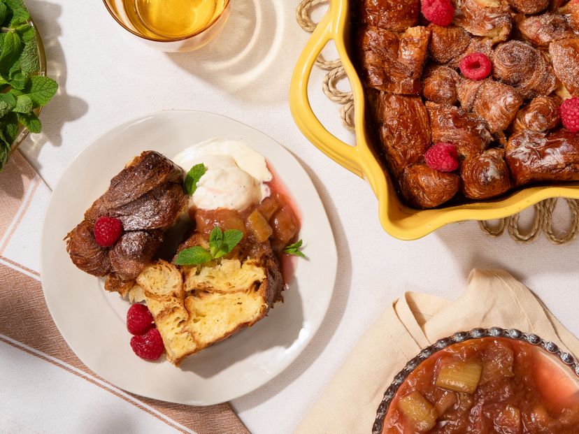 Croissant bread pudding with rhubarb compote