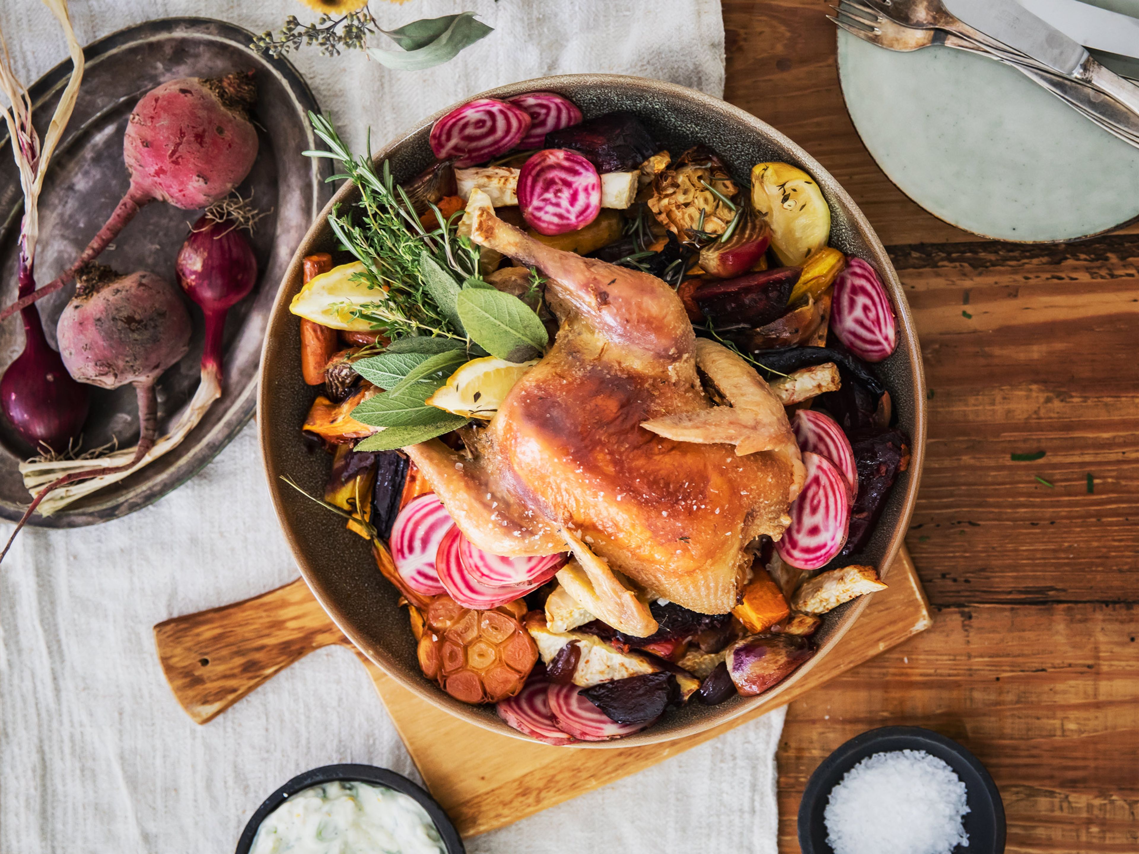Herb-roasted chicken with root vegetables