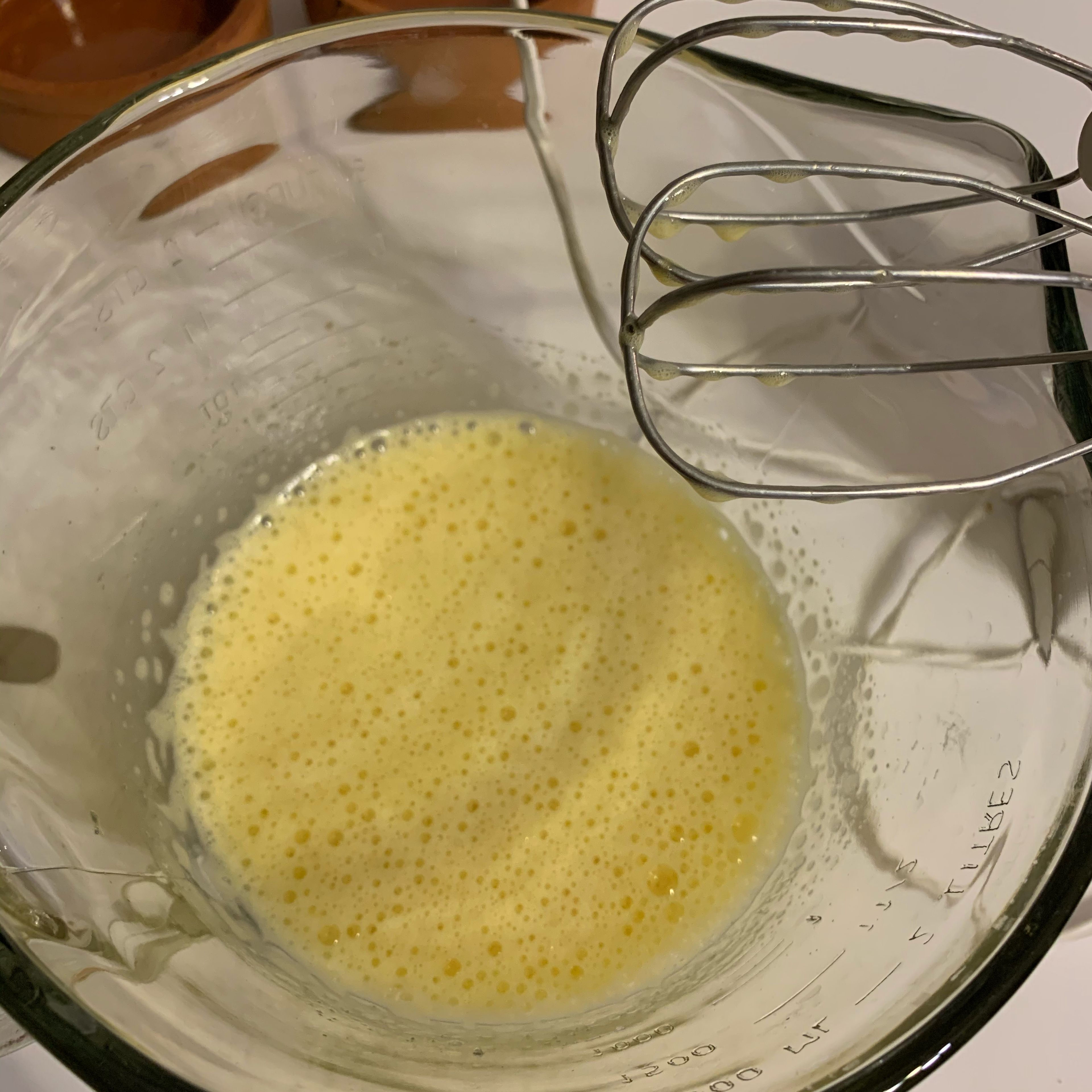 Whisk the eggs and sugar until it's foamy