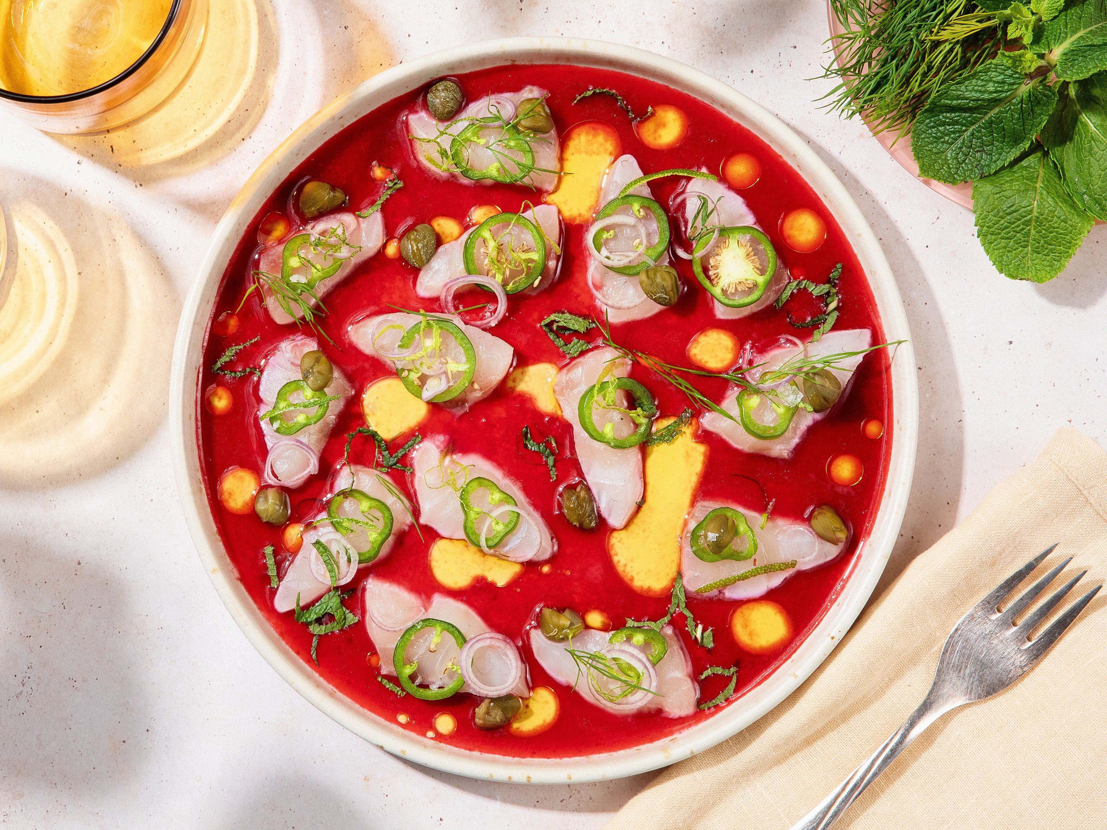 Summery sea bass crudo with cherry vinaigrette