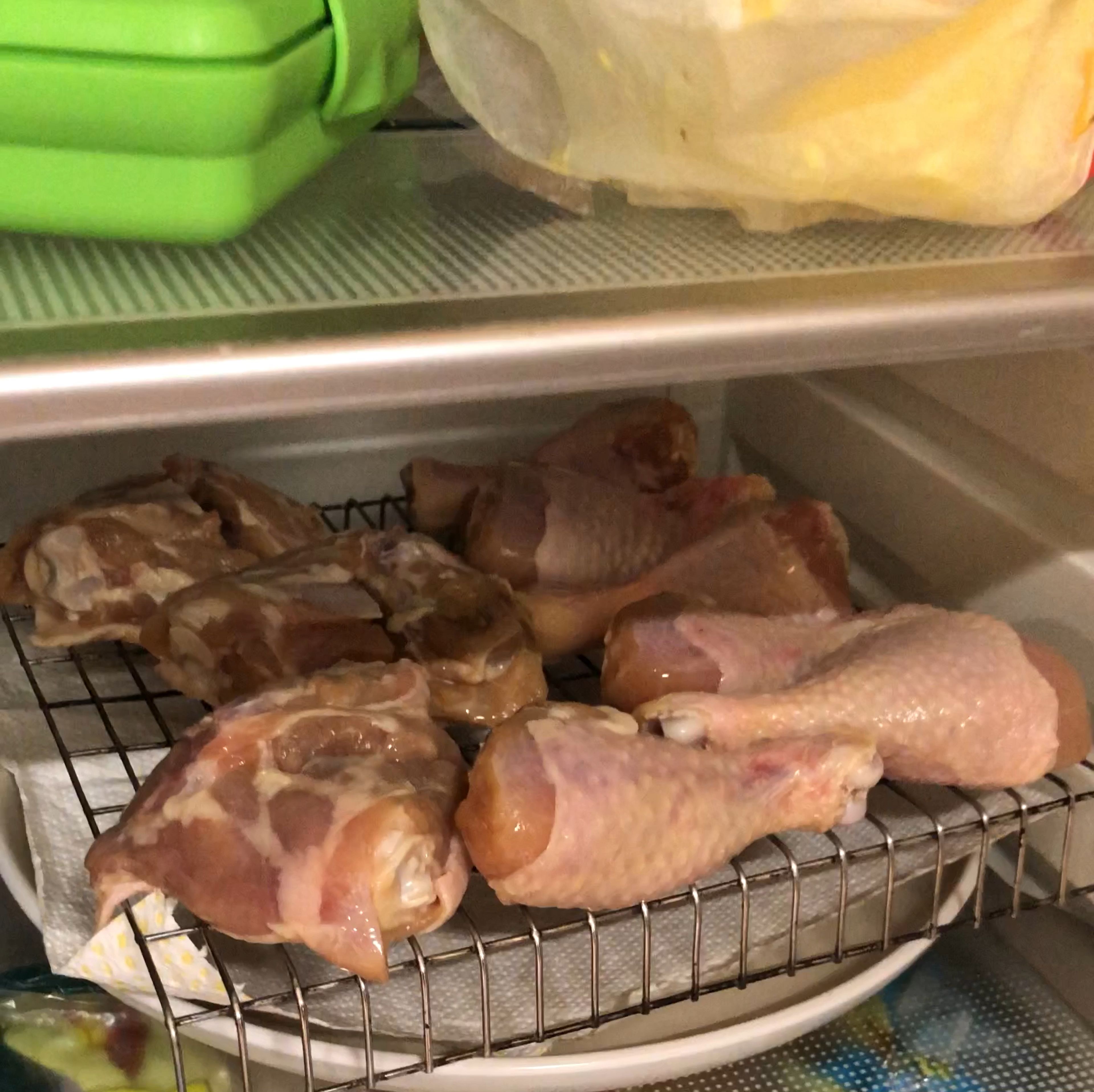 The next day or after six hours take the chicken out of the brine and put it on a rack and leave uncovered in the fridge for another hour.