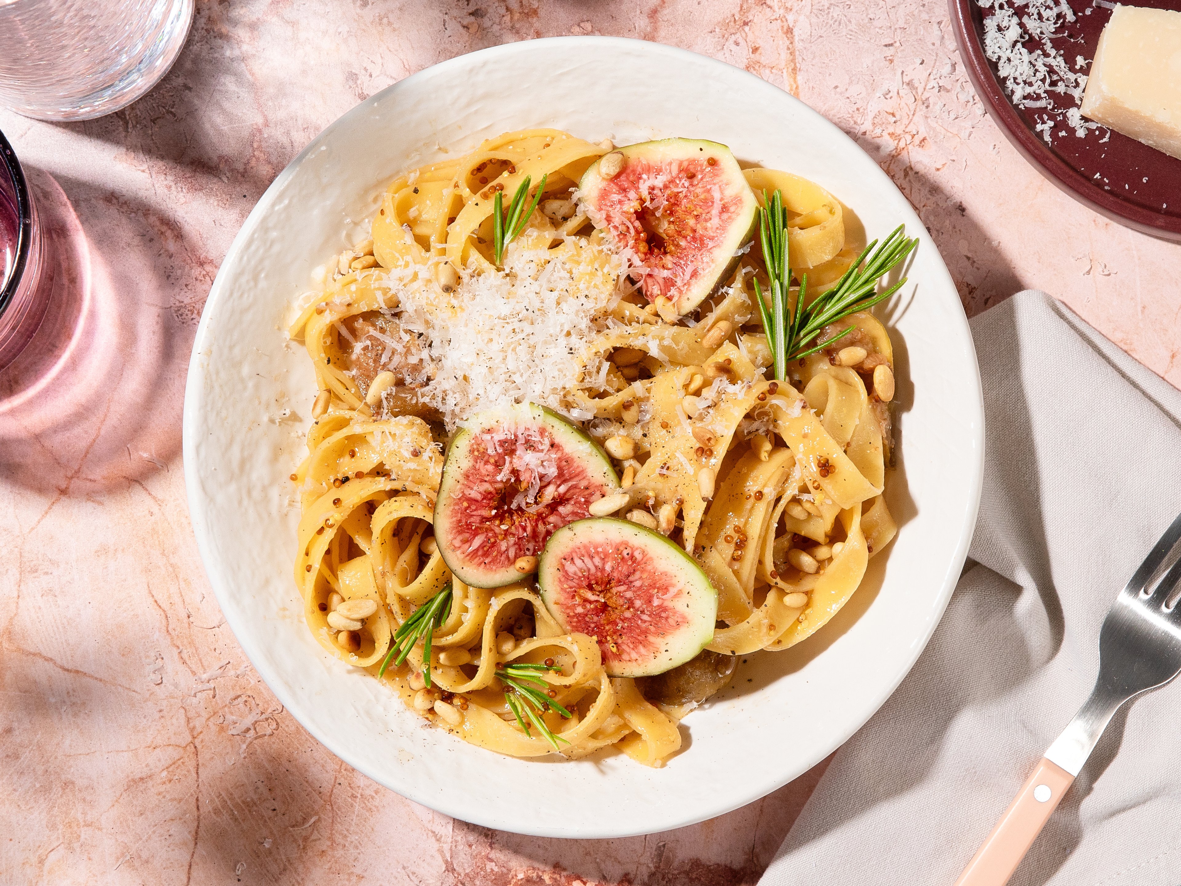 Fig pasta with balsamic and pine nuts