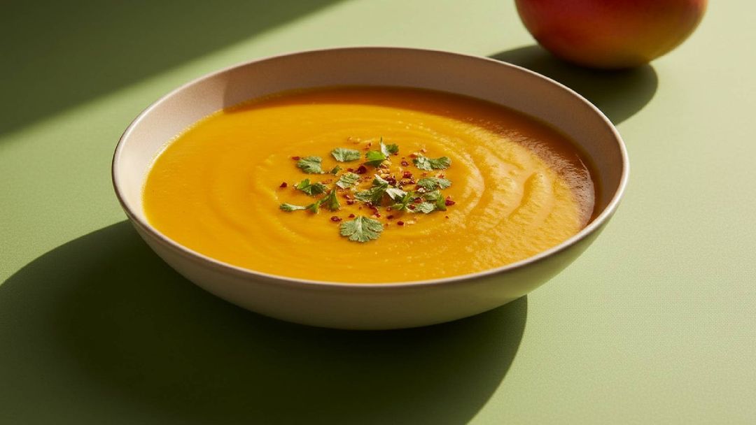 Cremige Mango-Kokos-Suppe mit Süßkartoffel und Ingwer