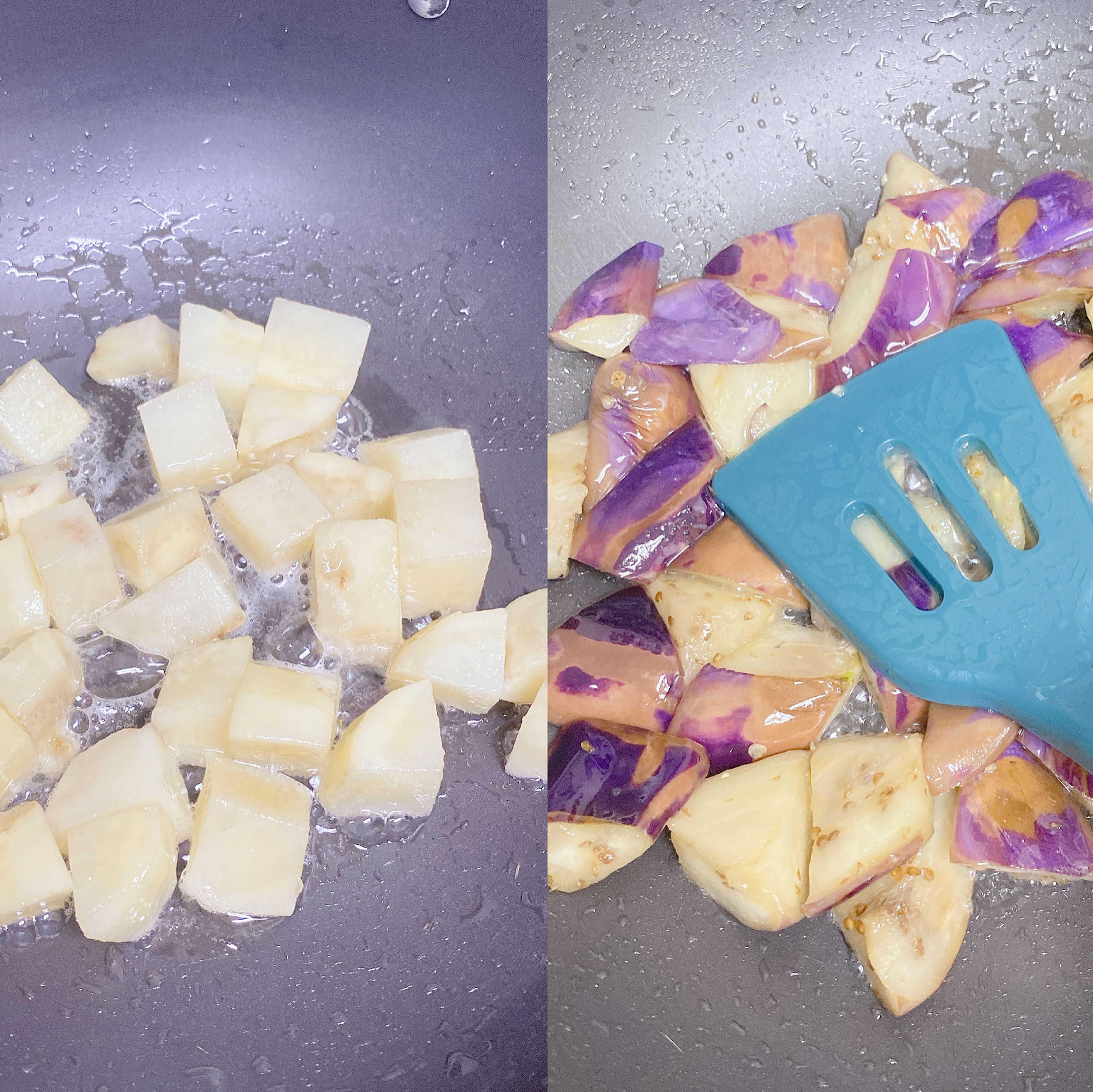 Fry the three vegetables individually until they’re cooked. I like to microwave the potatoes and eggplants each for 2 minutes to speed up the process. After that, it typically takes me 8 minutes to fully cook the potato cubes, 5 minutes for the eggplants, and 20 seconds for the peppers.