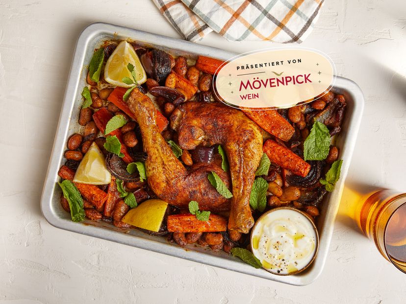 Spiced sheet pan chicken with dates and beans