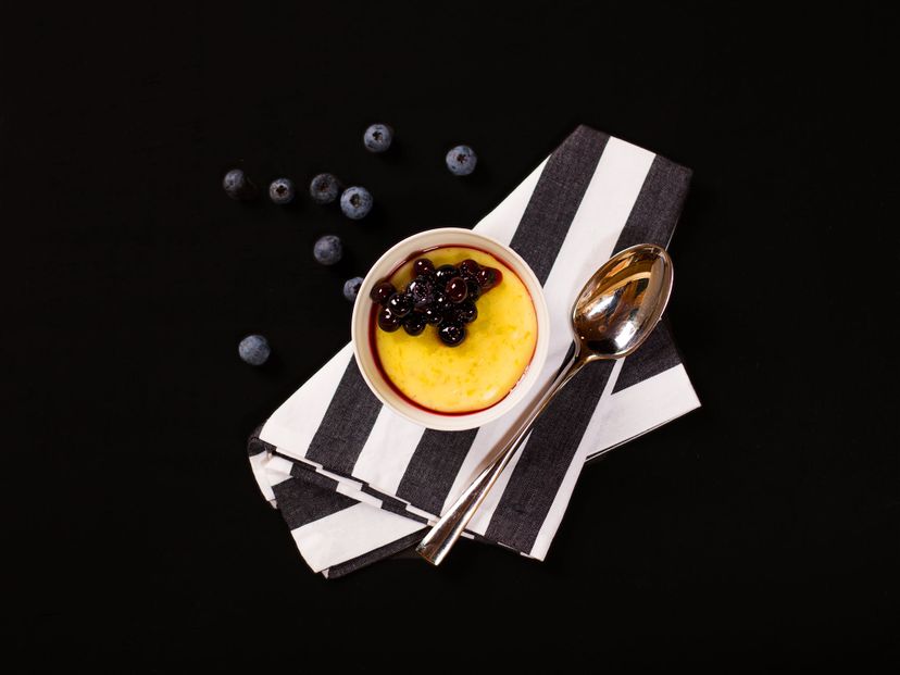 Soy vanilla pudding with blueberry sauce