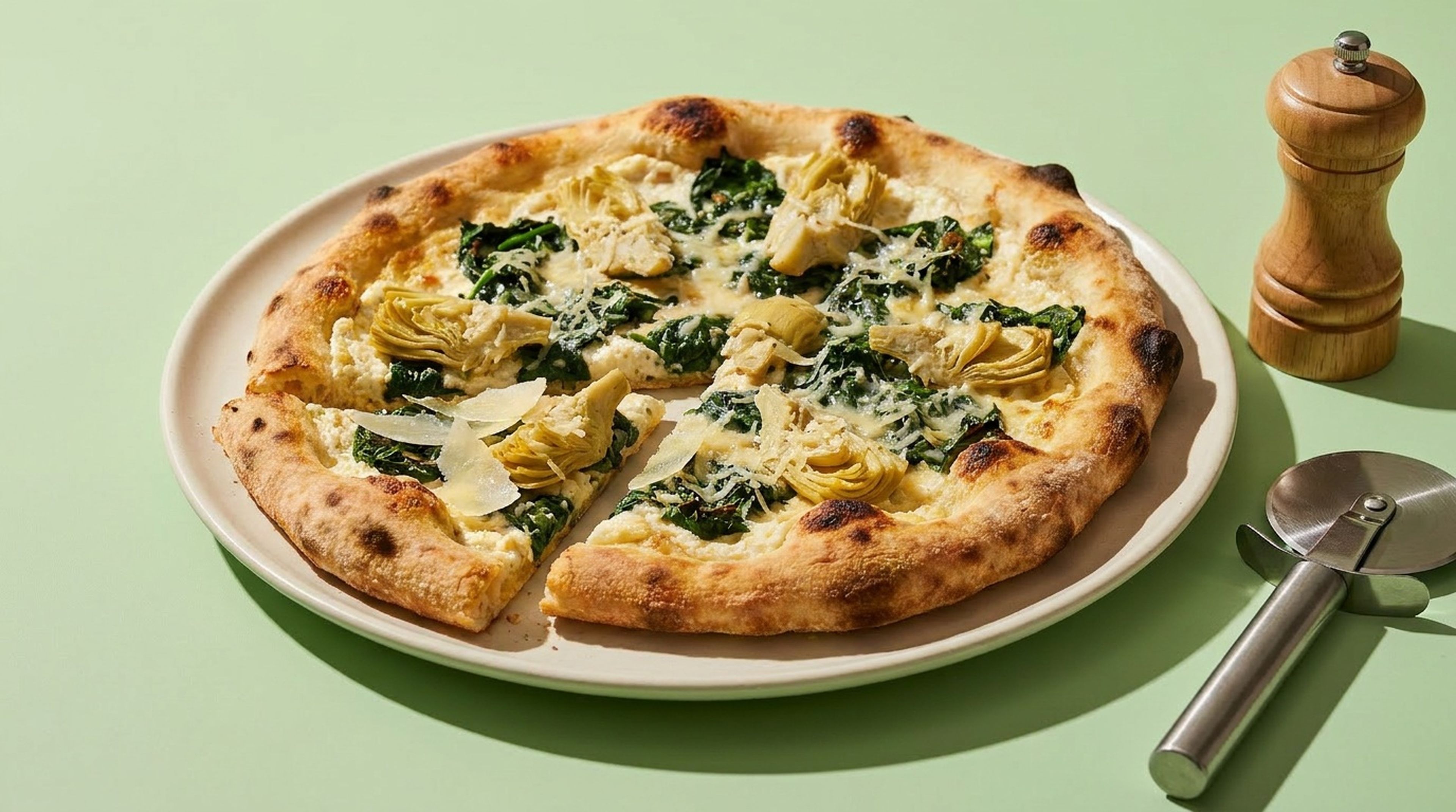Pizza Bianca mit cremigem Ricotta, Spinat und zarten Artischocken