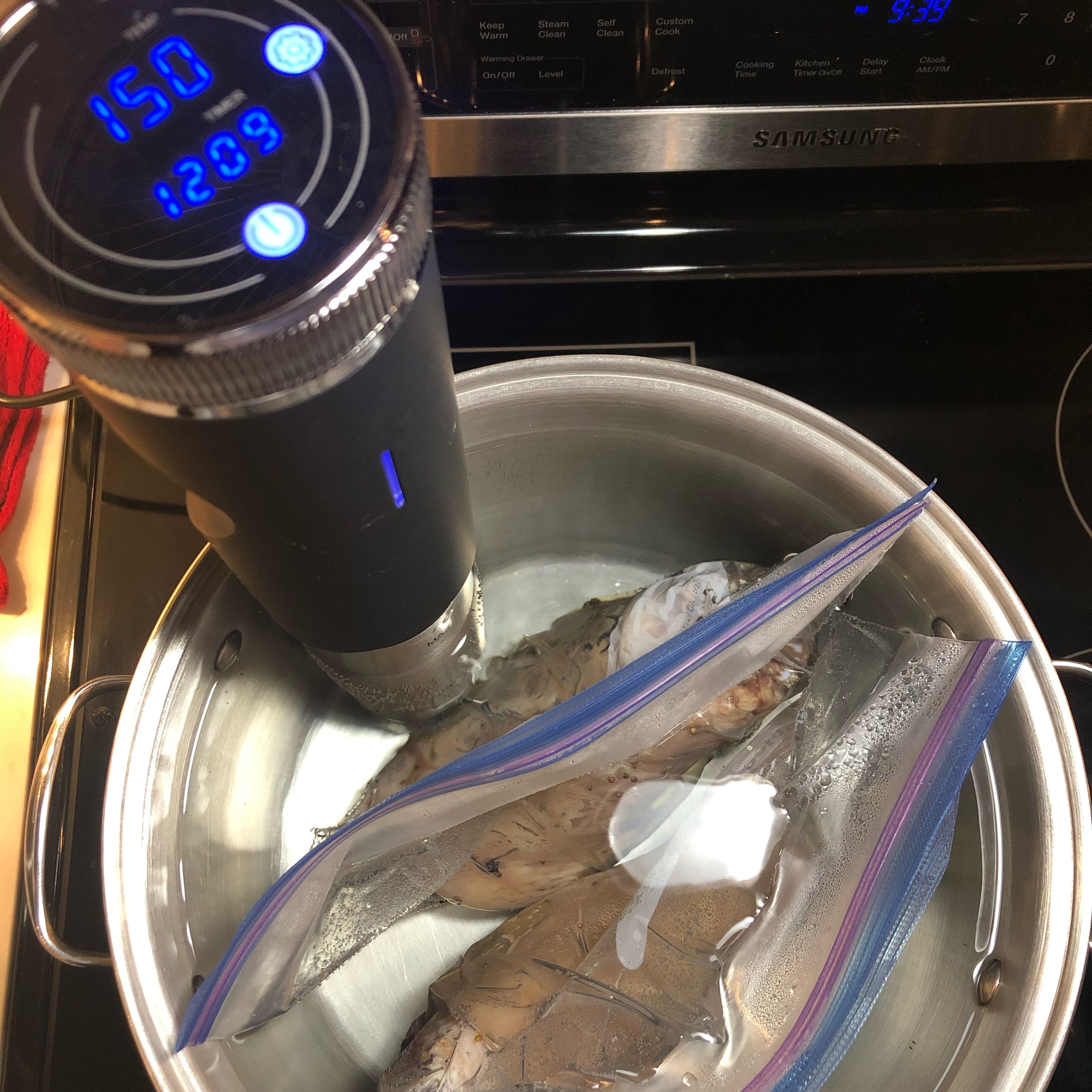 Place each bag in a deep pot filled with water. Ensure the meat is situated below the water. Turn on sous vide machine and set temperature to 150F and cooking time to 14h.