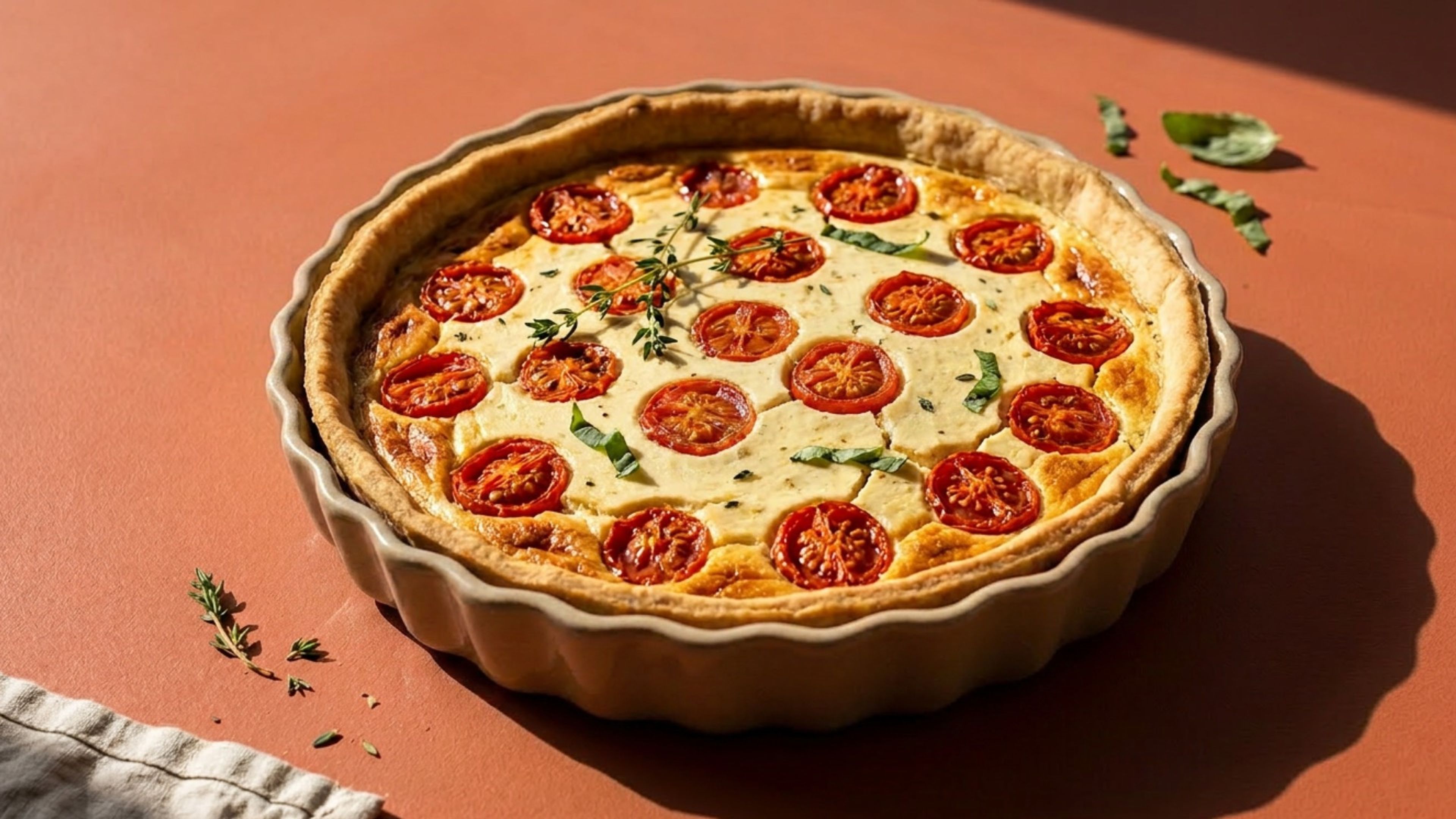 Vegane Tomaten-Quiche mit cremigem Tofu und knusprigem Boden