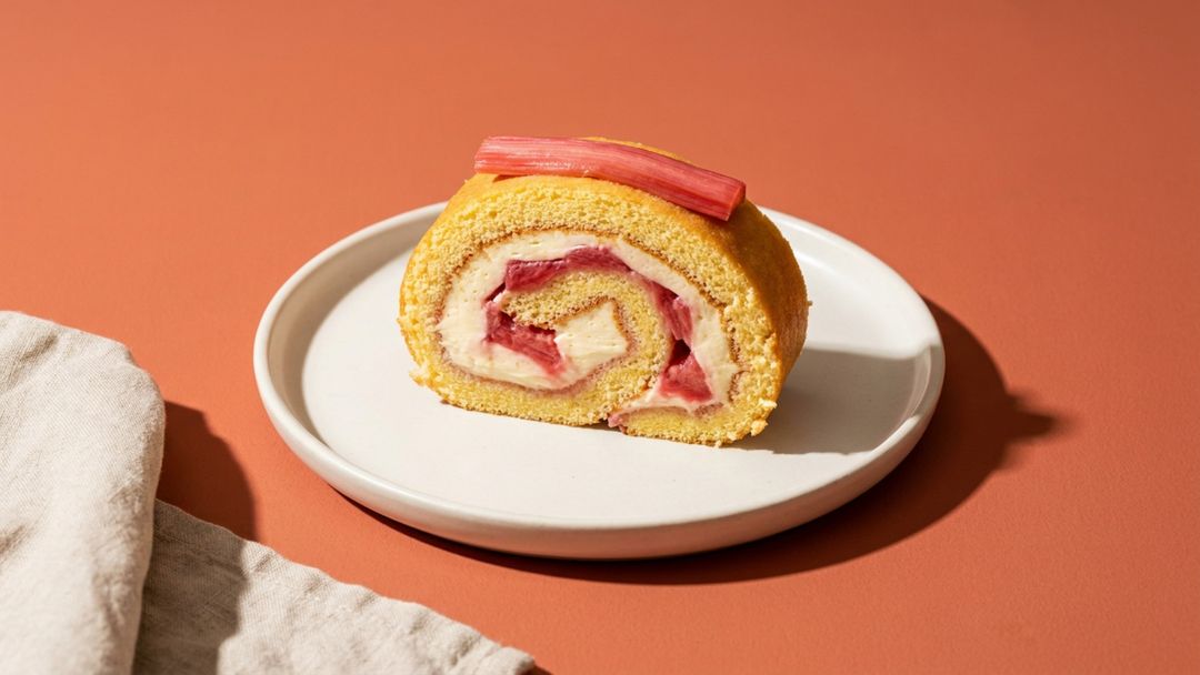 Luftige Rhabarber-Biskuitrolle mit cremiger Mascarpone