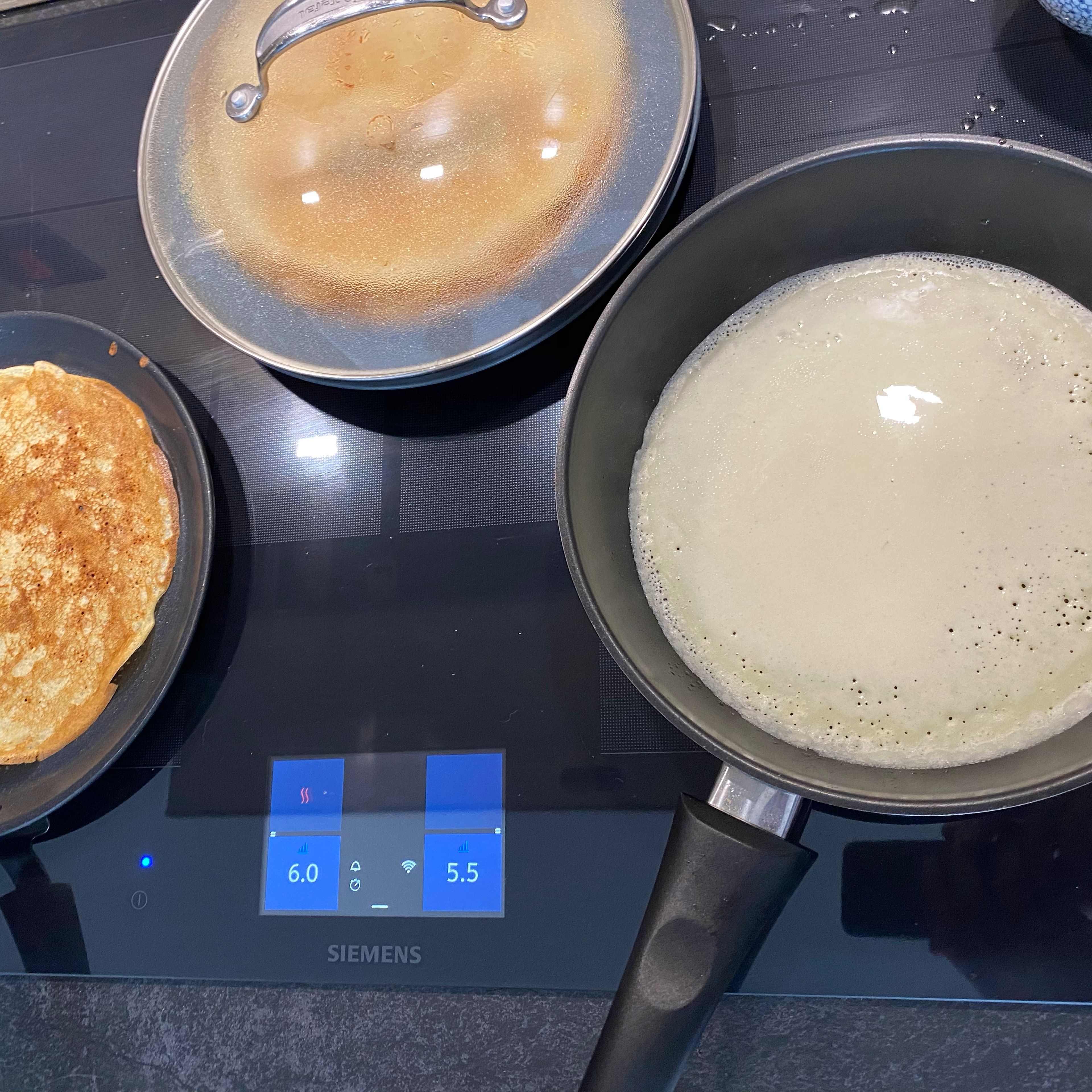 Fry pancakes using mid-high level on hob right after all ingredients mixed. Use minimum amount of butter on the frying pen (using brush). Fry each side for about 1-2mins.