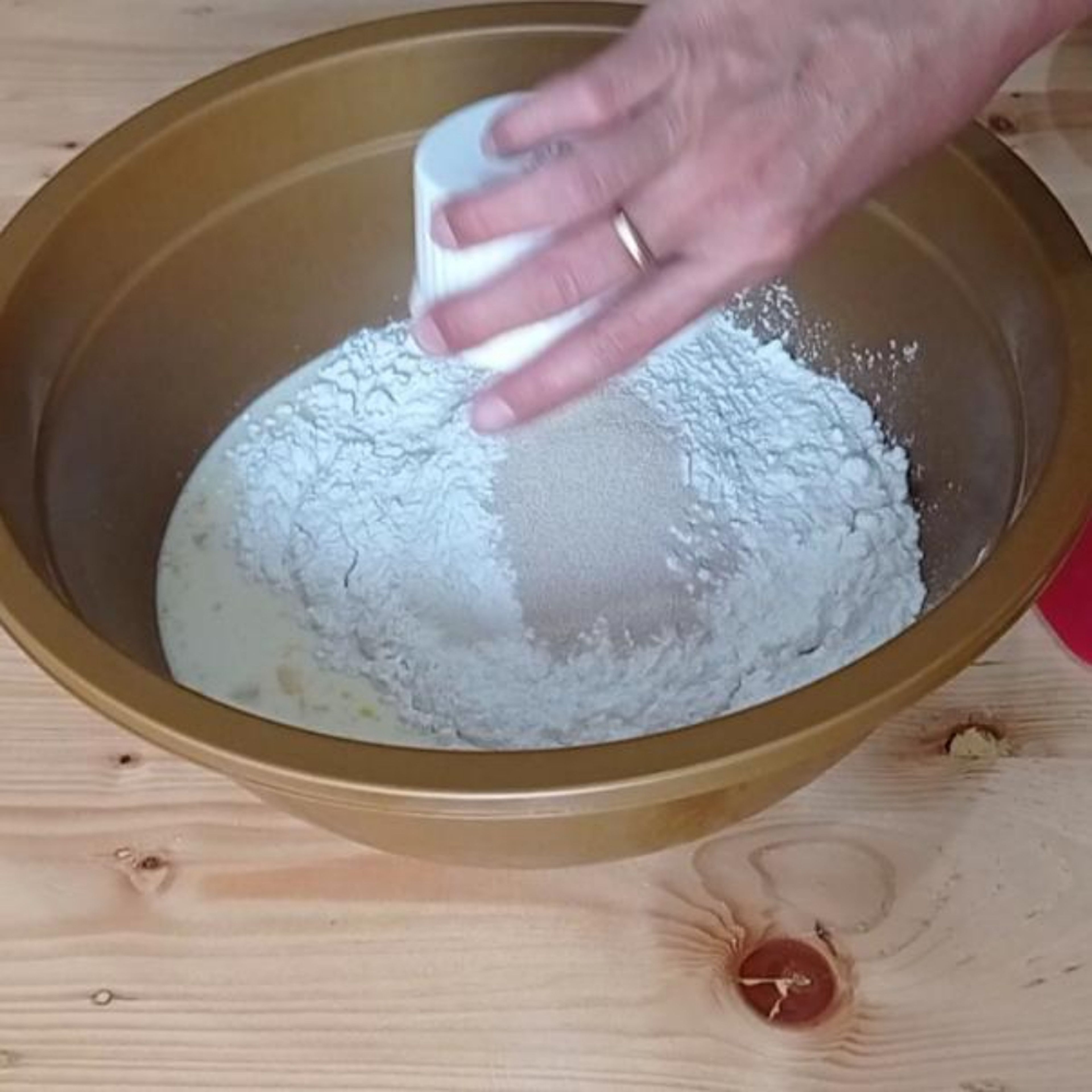Add flour, salt, and instant yeast, mix well with spatula until you get the dough form.