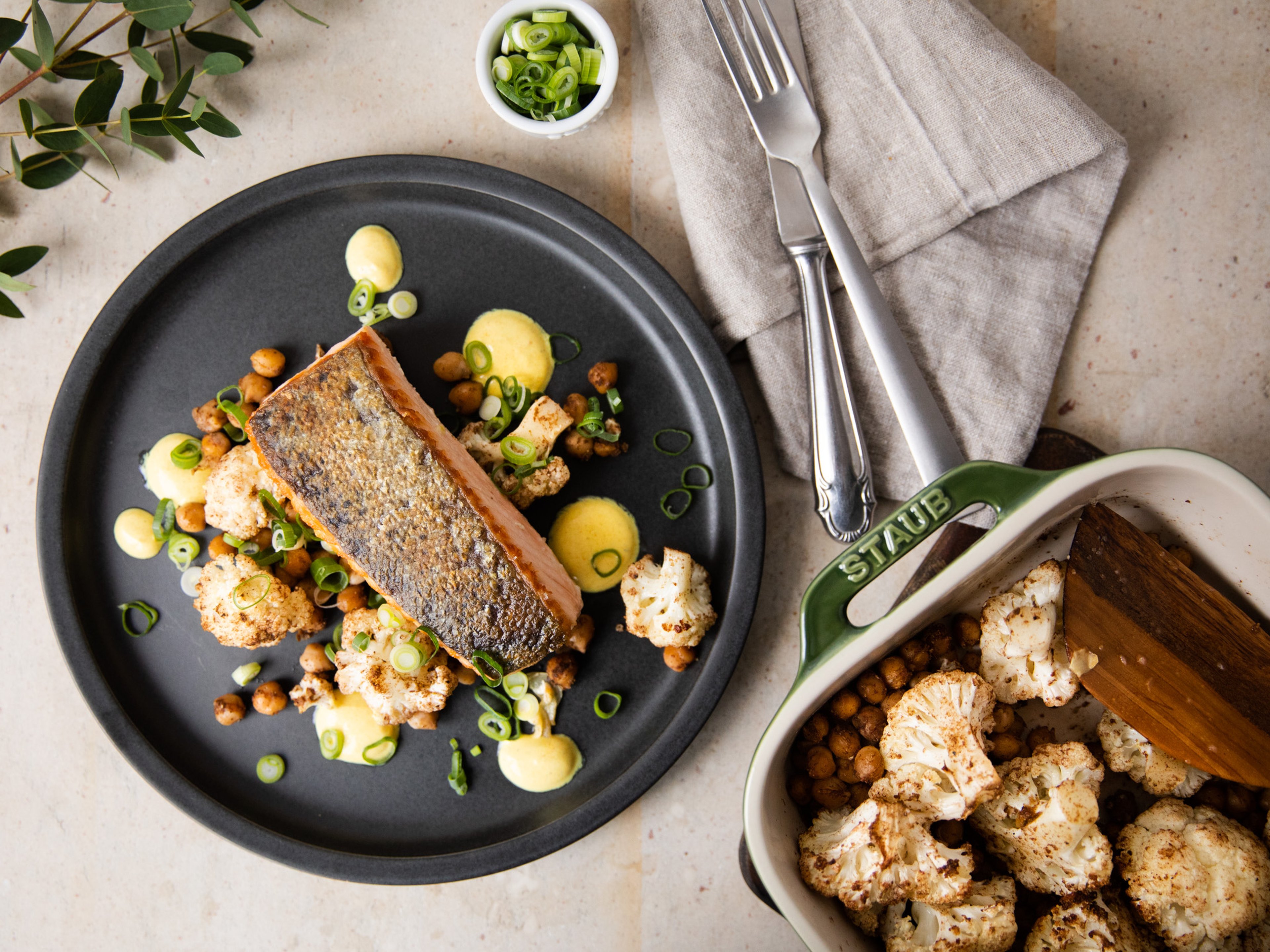 Lachsfilet mit geröstetem Gemüse und Joghurtdressing