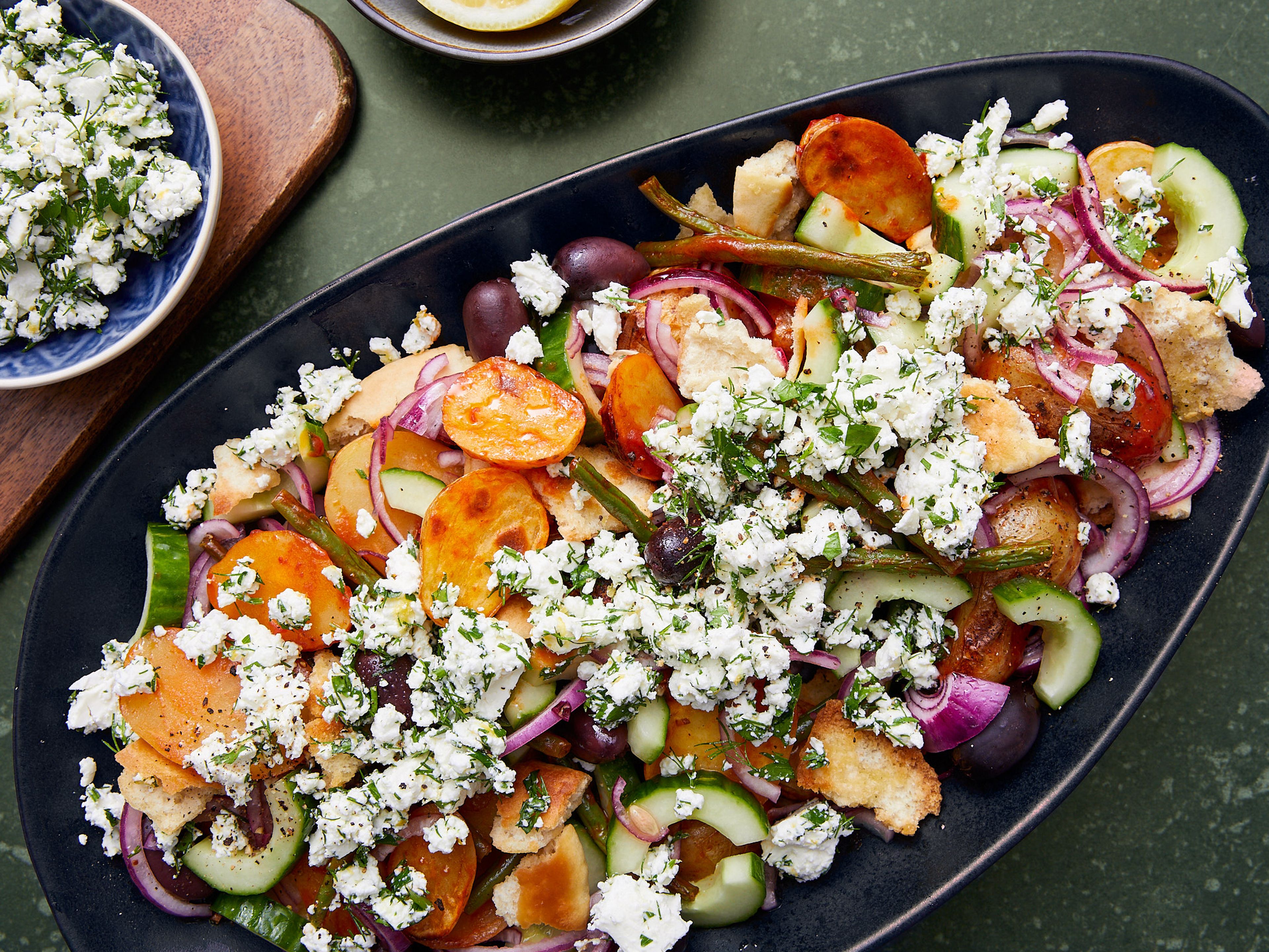 Warm potato and green bean salad with herby feta