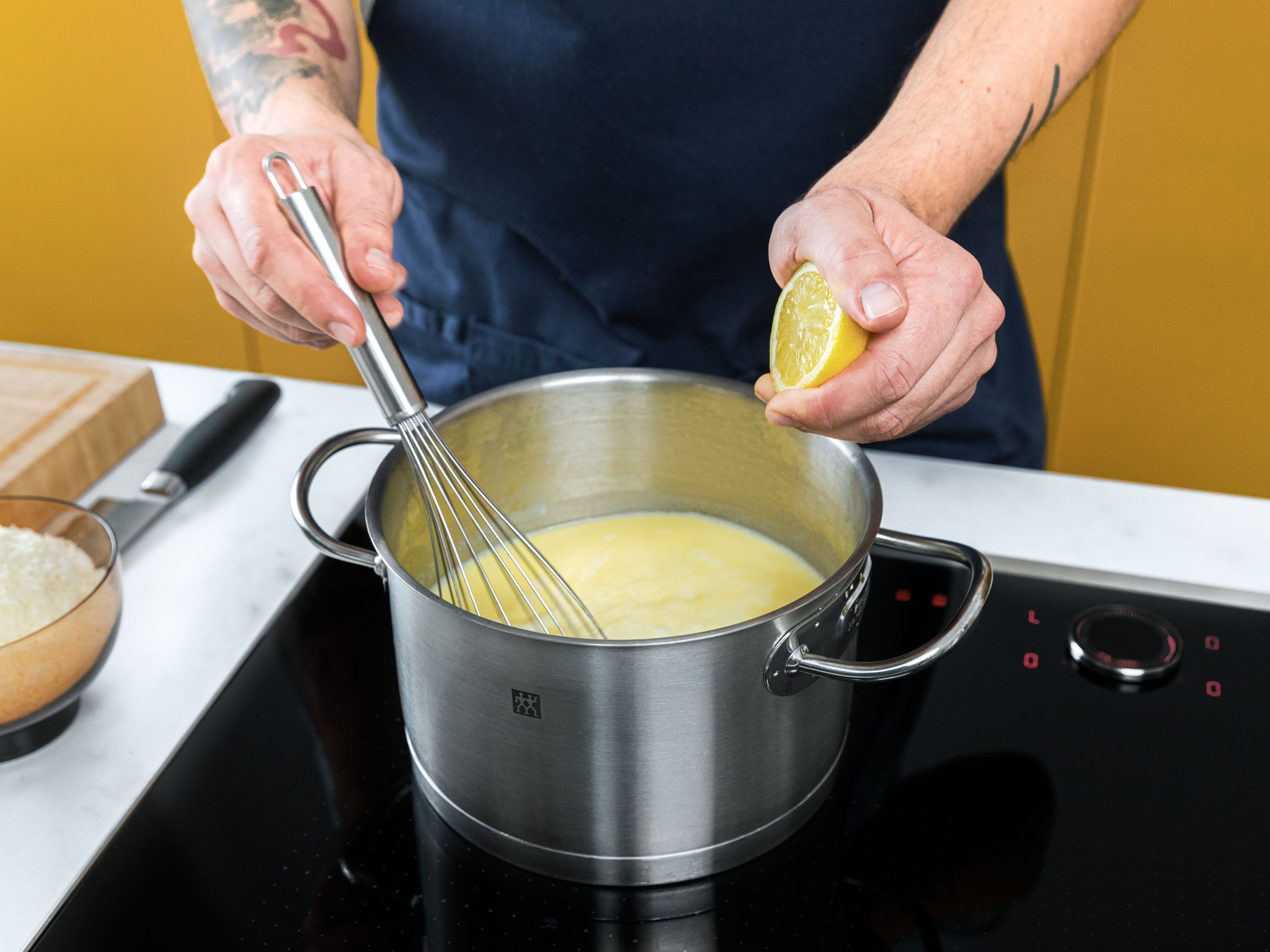 For the béchamel sauce, melt butter in a small saucepan. Add flour and, stirring constantly, add the milk and juice from a lemon, until you have a smooth mixture. Stir in salt, nutmeg, and white pepper. Reduce heat and let simmer for approx. 10 min. Stir several times.