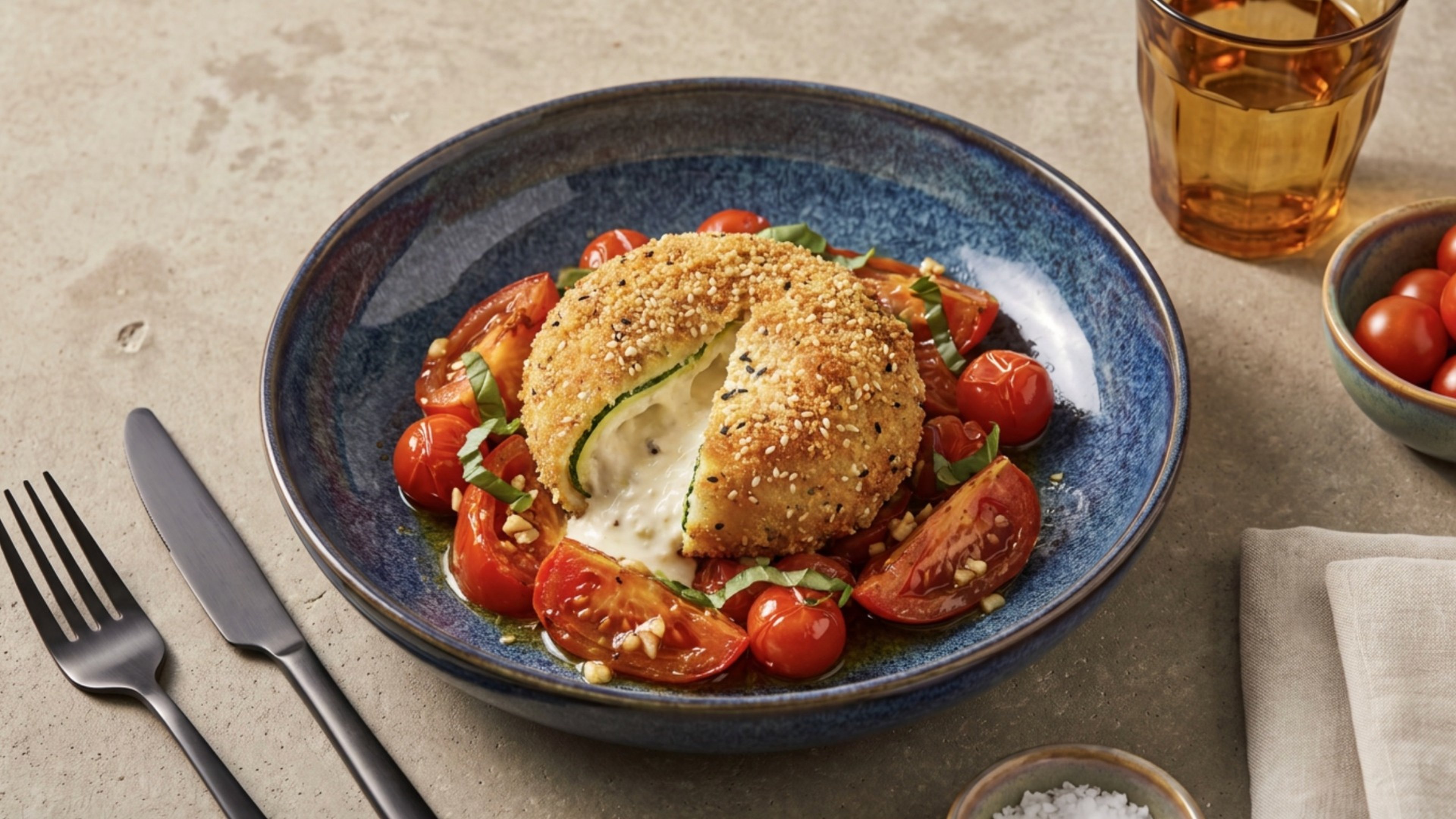 Knusprige Zucchini-Burrata auf aromatischen Ofentomaten