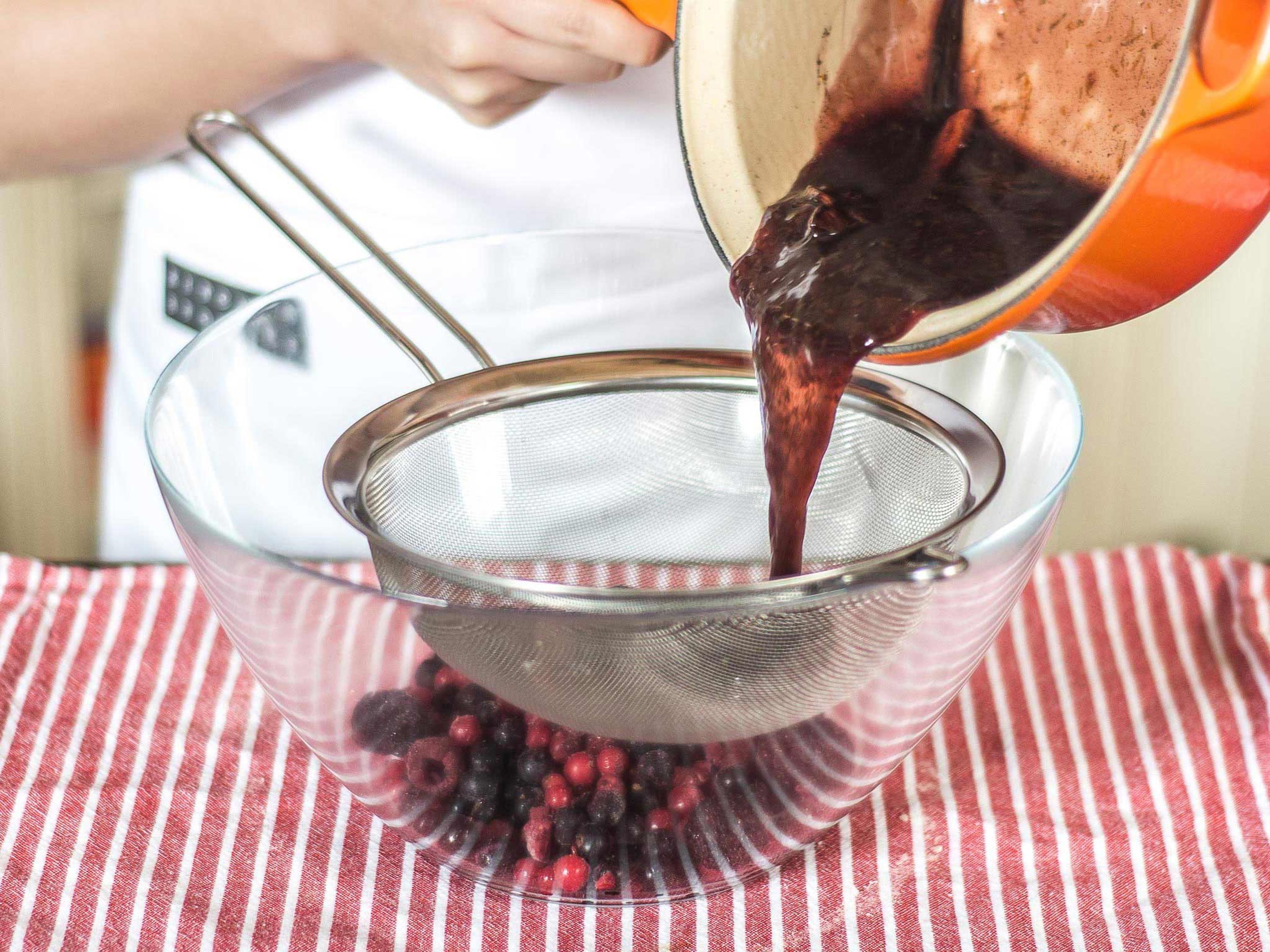Bind the boiled mixture with cornstarch and pour it through a wire strainer onto the frozen berries. Remove the strainer and put the compote into small bowls to chill for at least 1 hour. Garnish with mint and serve with warm vanilla sauce.