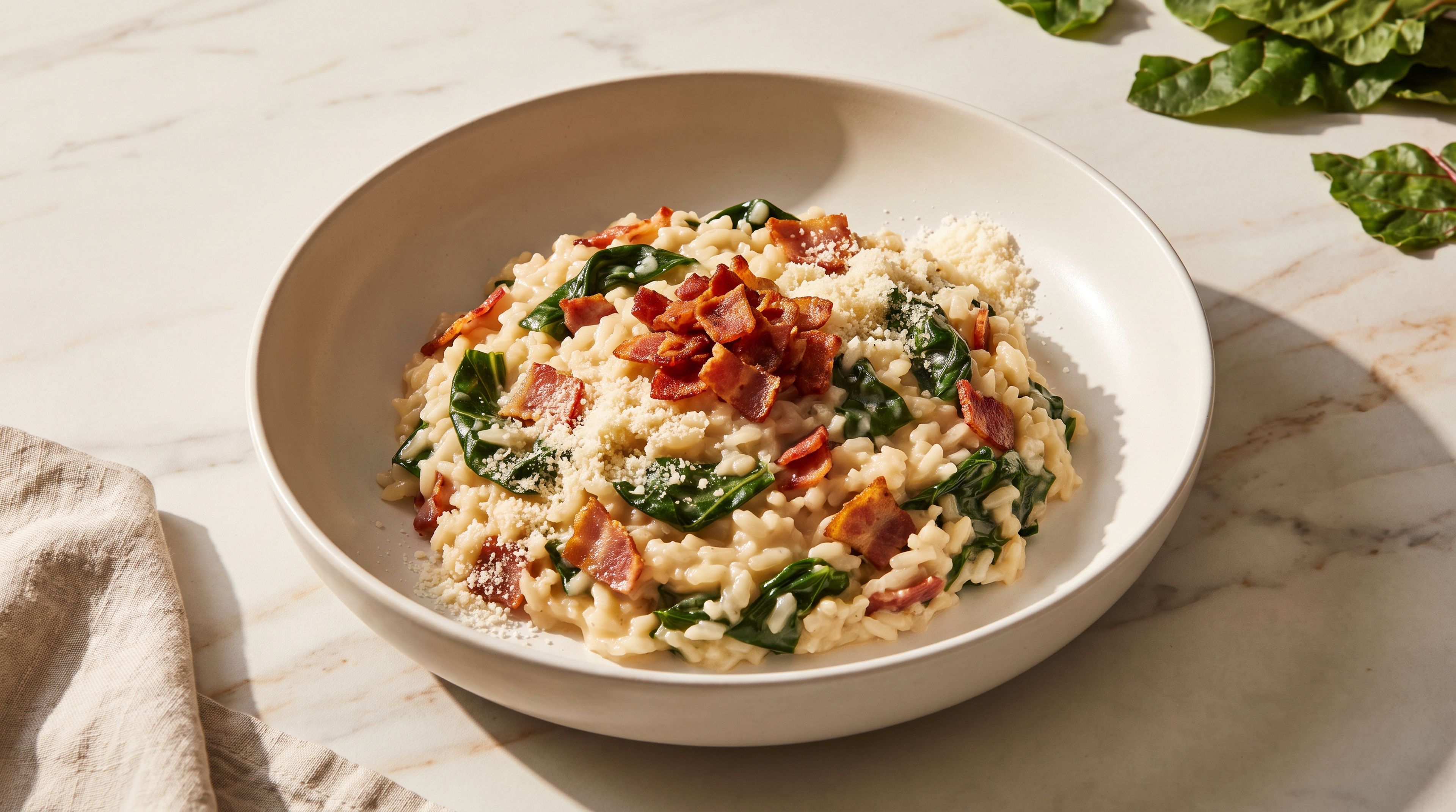 Herzhaftes Mangold-Risotto mit knusprigem Bacon