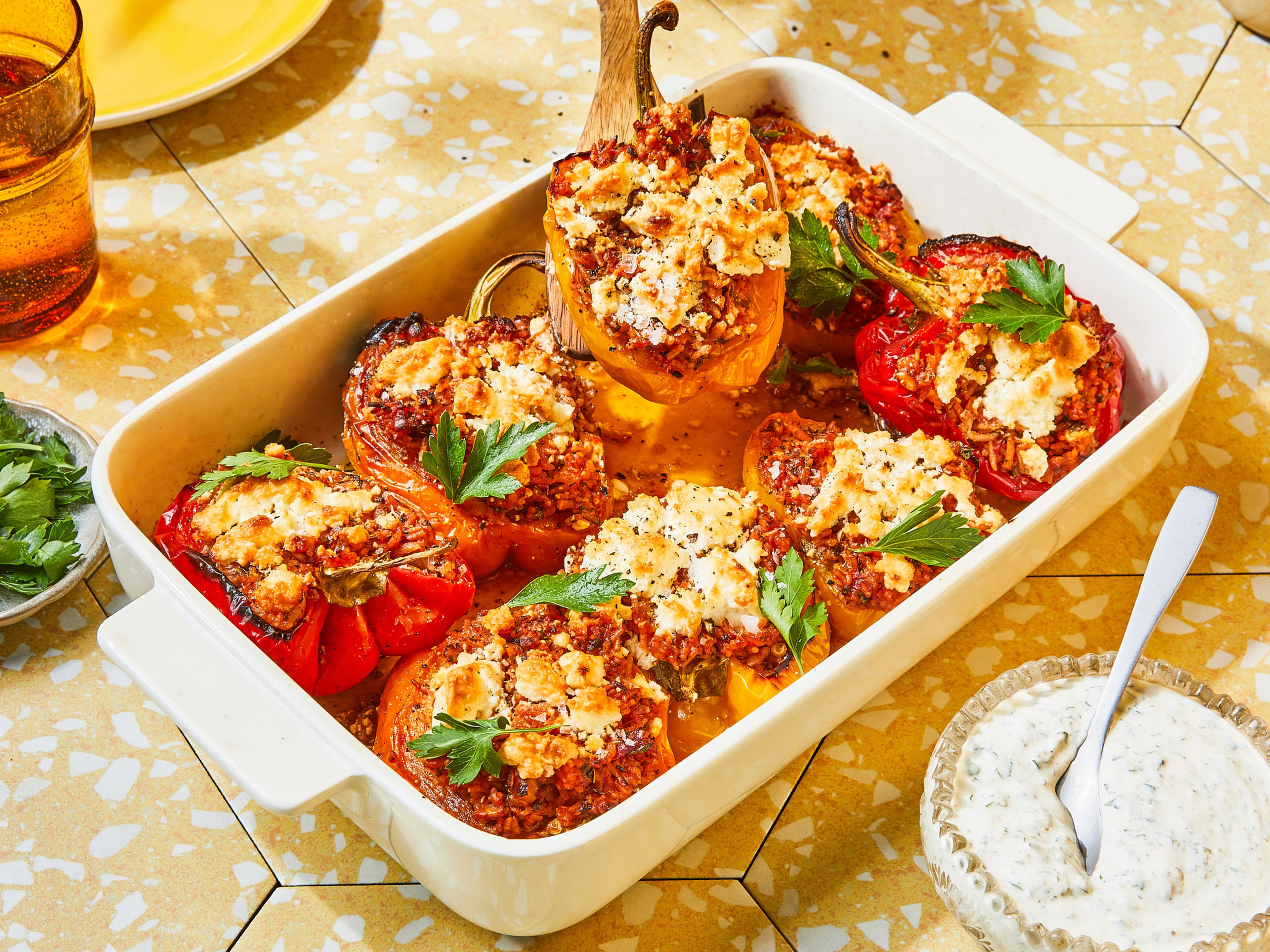 Vegetarian stuffed peppers with rice and feta