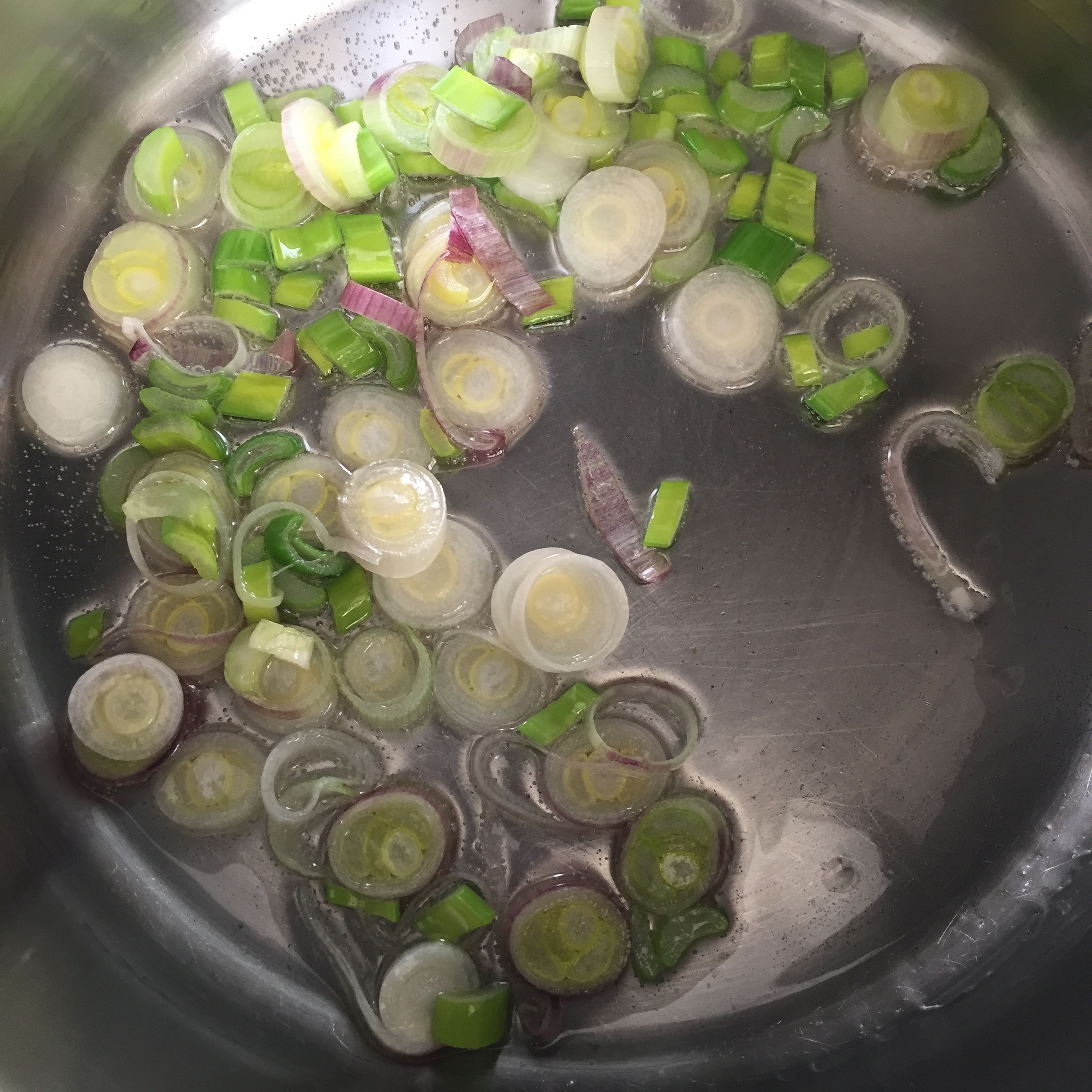 Coat the bottom of a pot with oil, and add finely sliced green onion. Fry until lightly transluscent