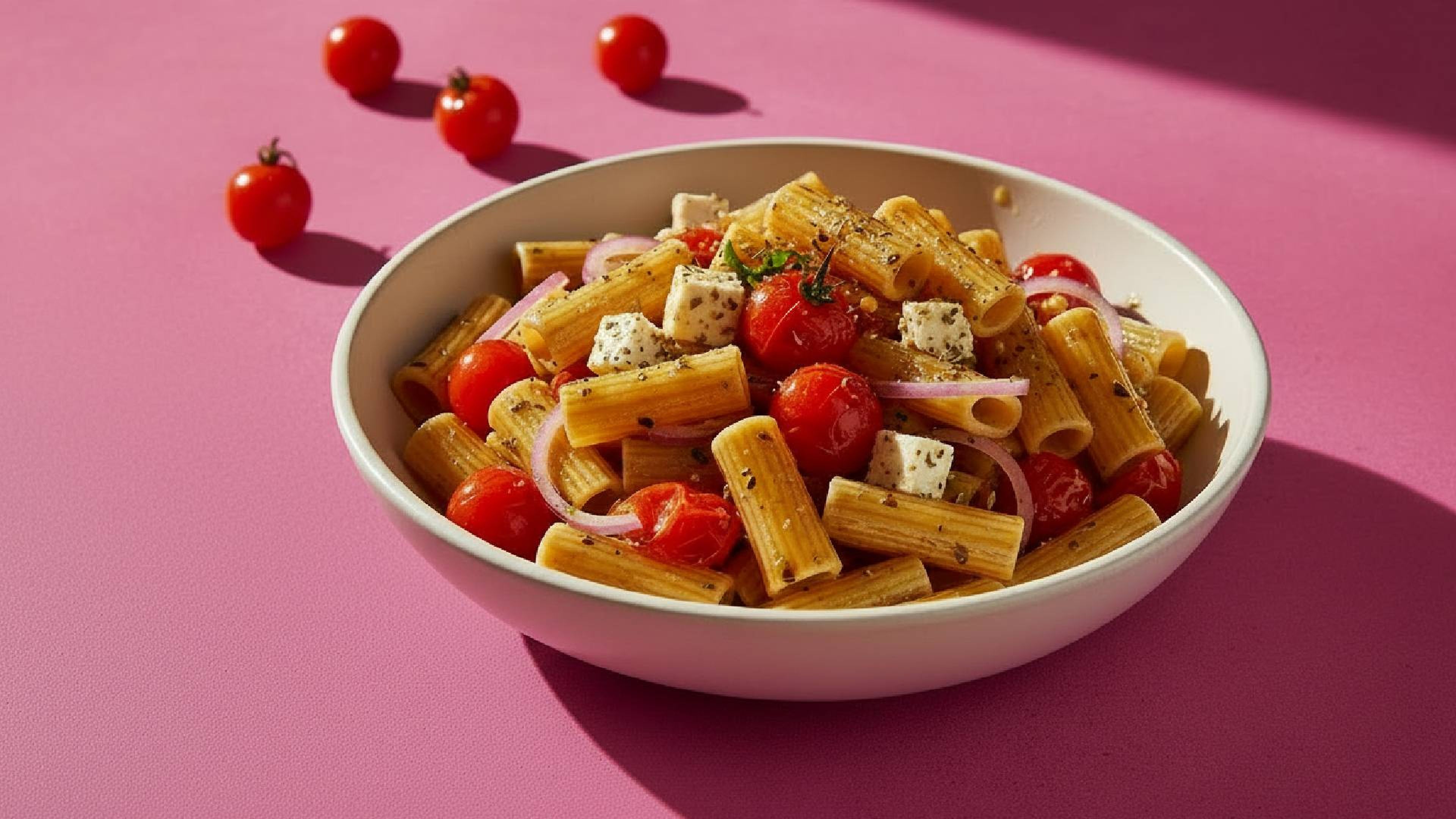 Lauwarmer Nudelsalat mit Tomaten und Feta