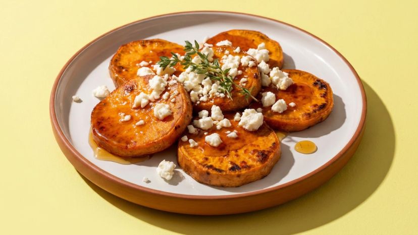 Gebratene Süßkartoffelscheiben mit cremigem Feta und Honig