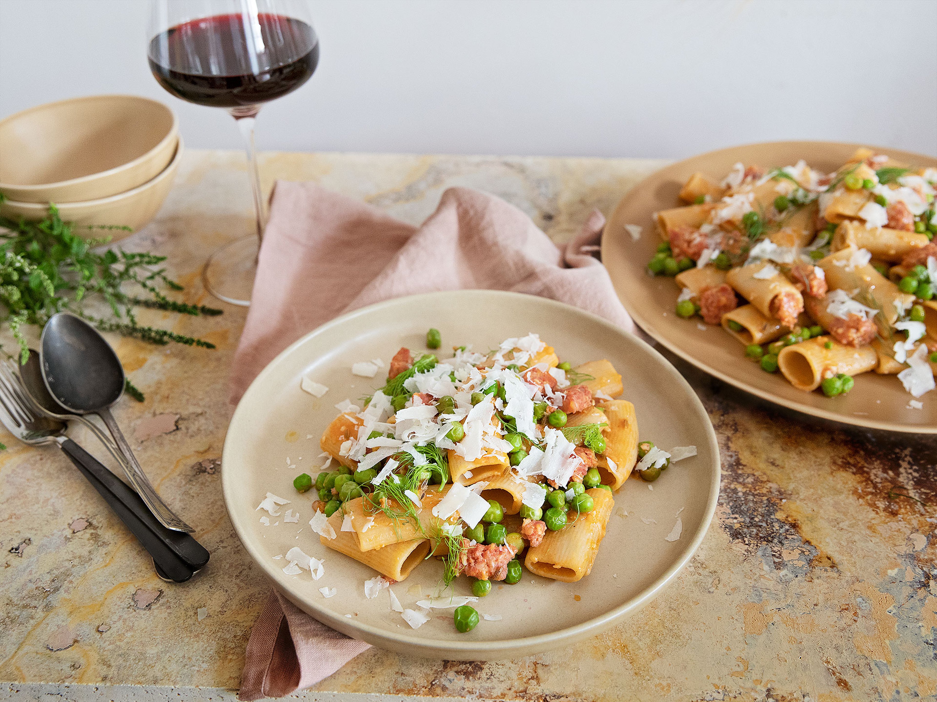 Pasta with Italian sausage, fennel, and peas