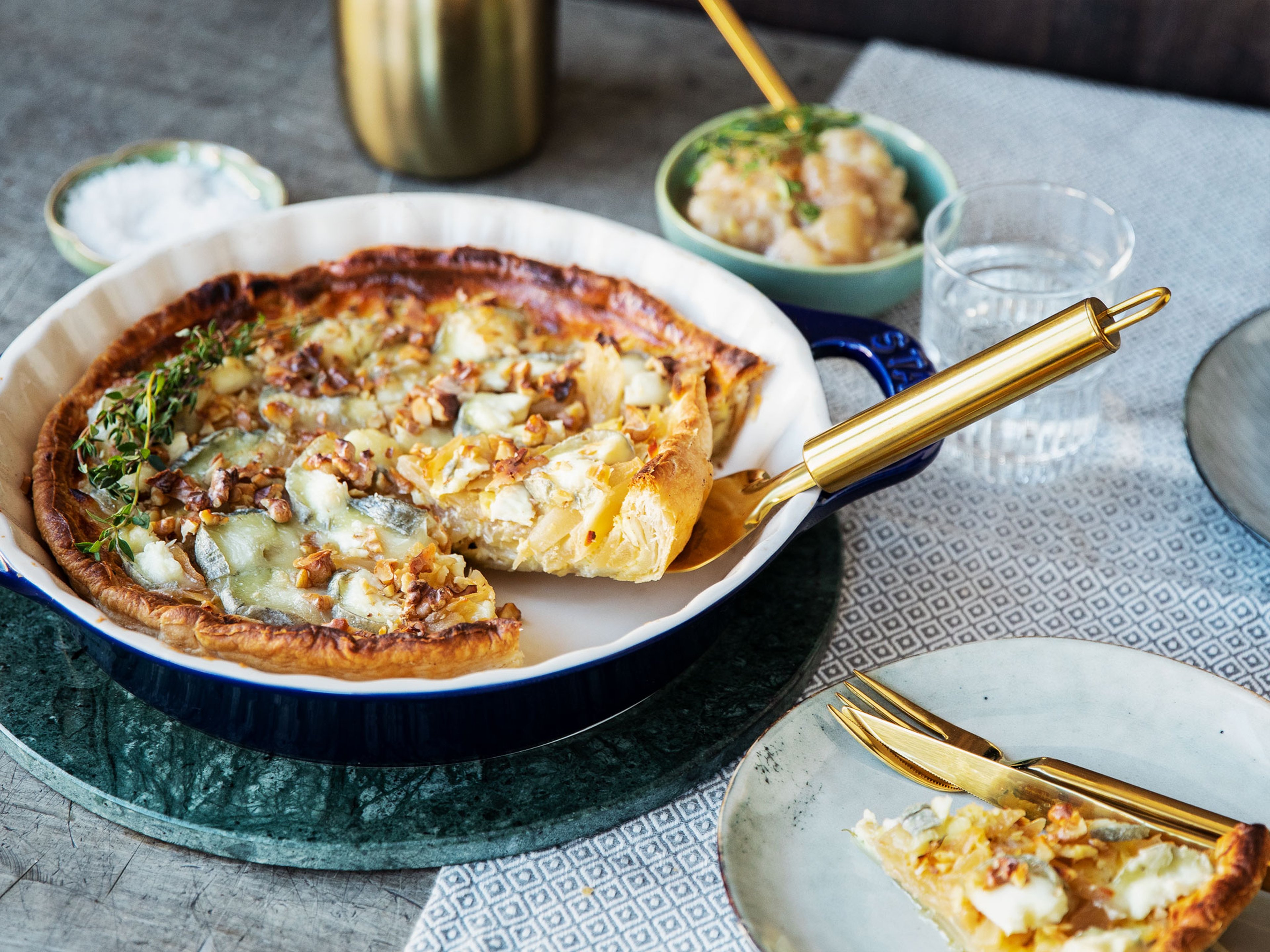 Black salsify and goat cheese tart with pear chutney