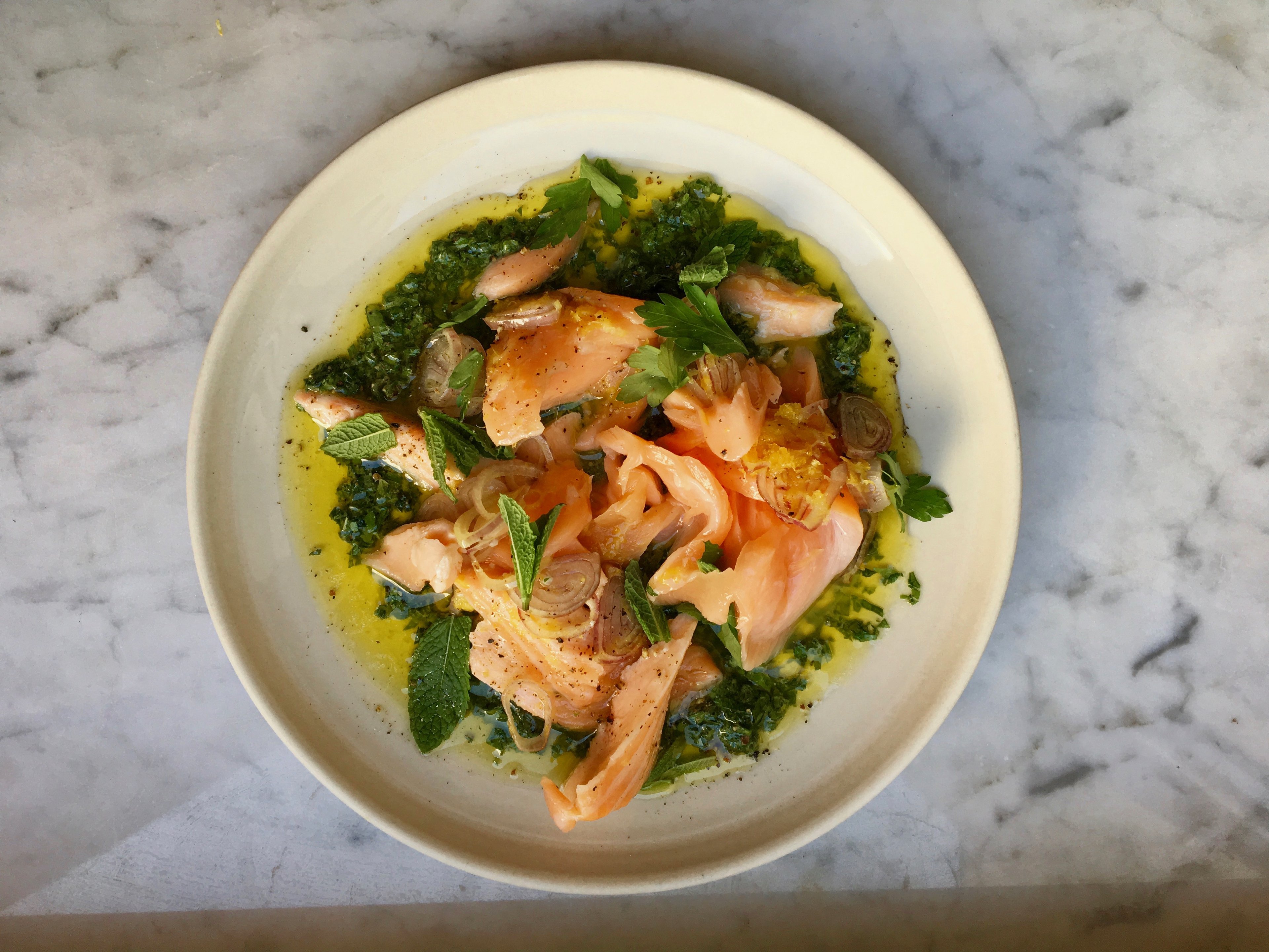 Roasted salmon with wild garlic salsa verde