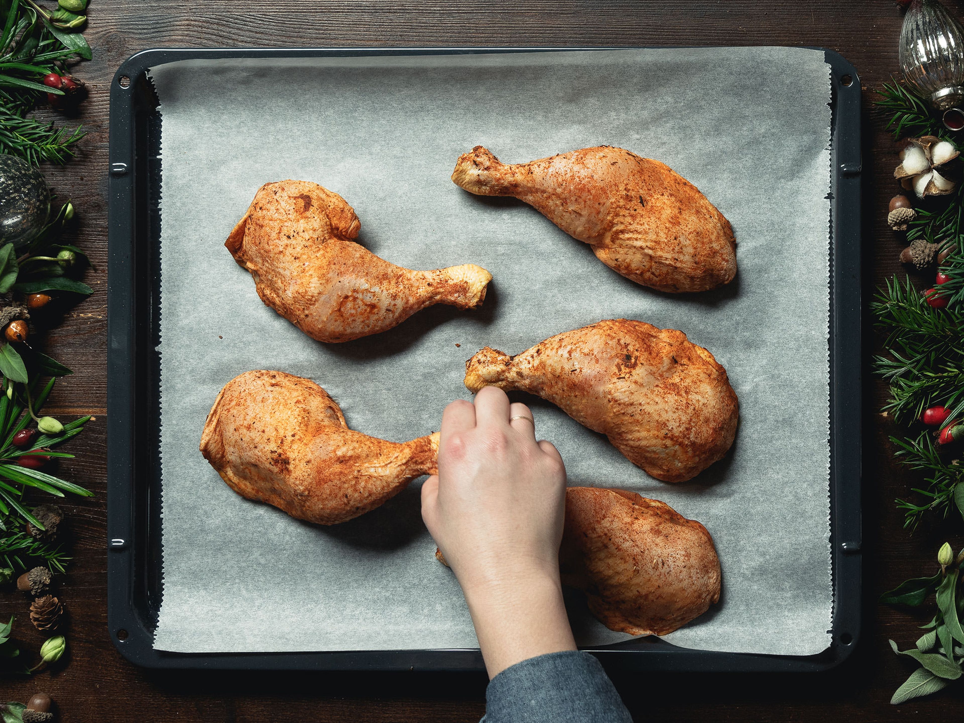 Preheat the oven to 180°C/350°F. Transfer chicken legs to a parchment lined baking sheet and bake for approx. 20 min.