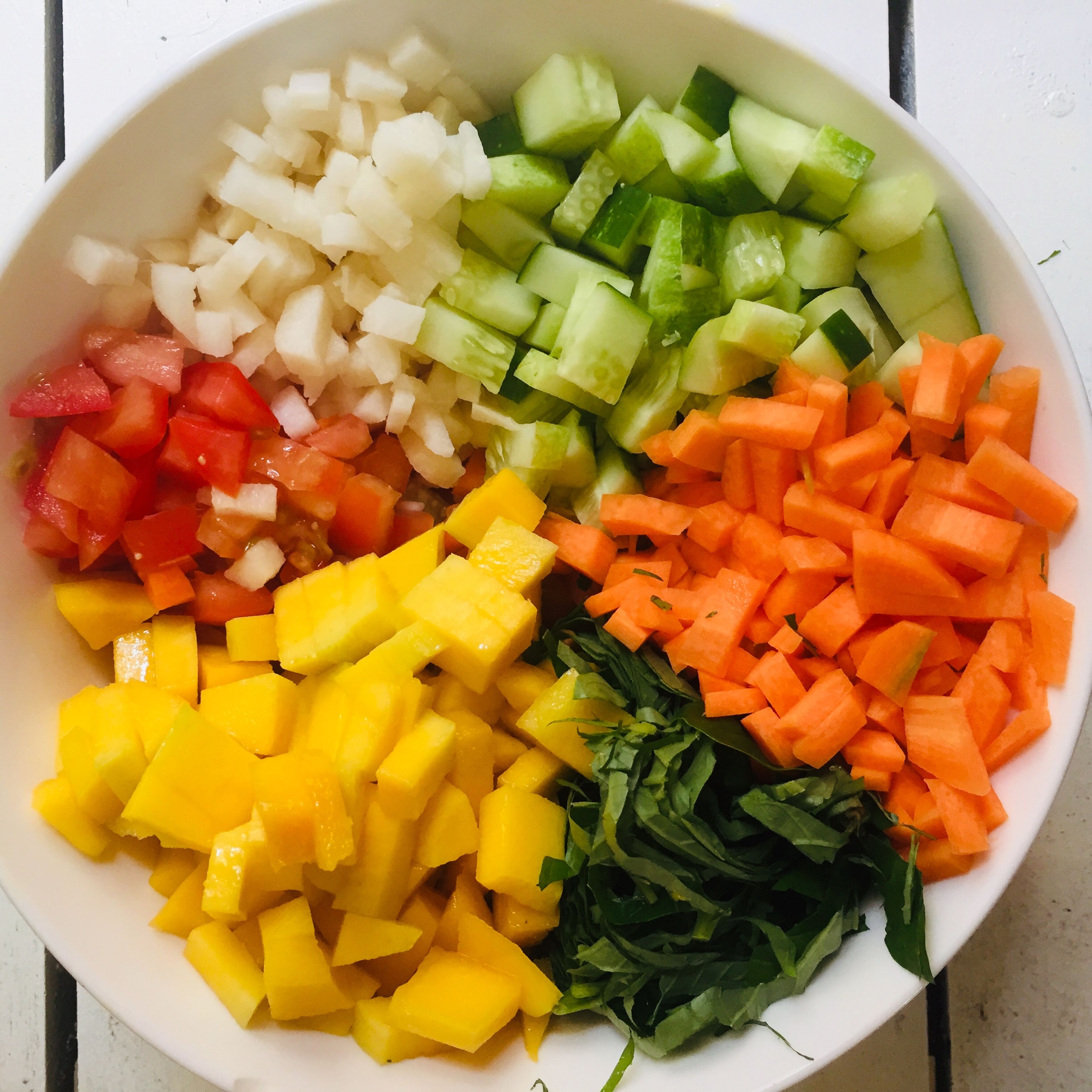 Cut the mango, tomato, jicama, cucumber and carrot into small cubes. As for the piper lolot leaves, stack the leaves together and fold them into a straw shape, then slice the leaf straw into thin strips. Put everything into a large bowl.