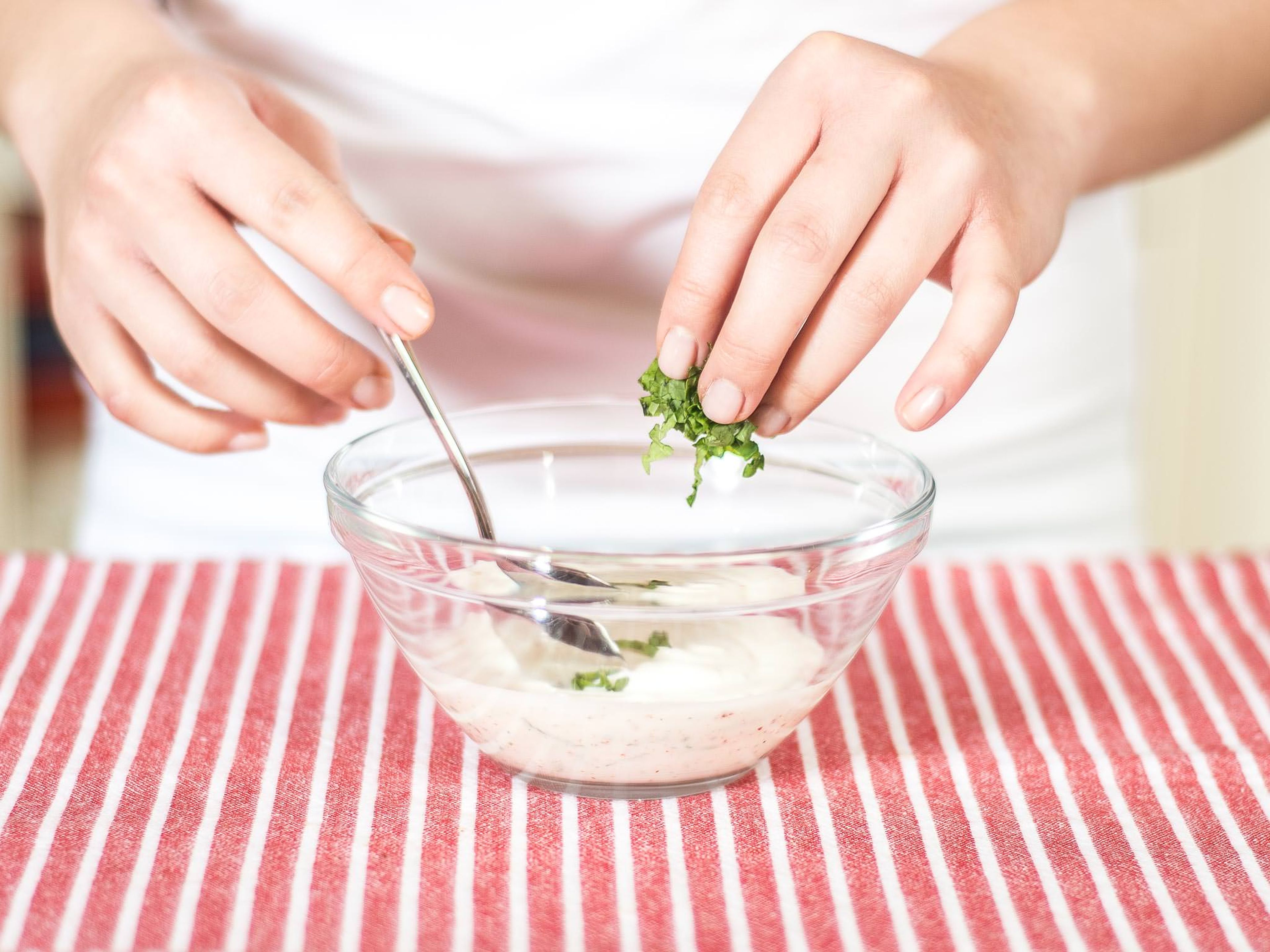 For the spread, mix the soy yogurt with mint strips, lime juice, chili powder, sugar, and salt and pepper.