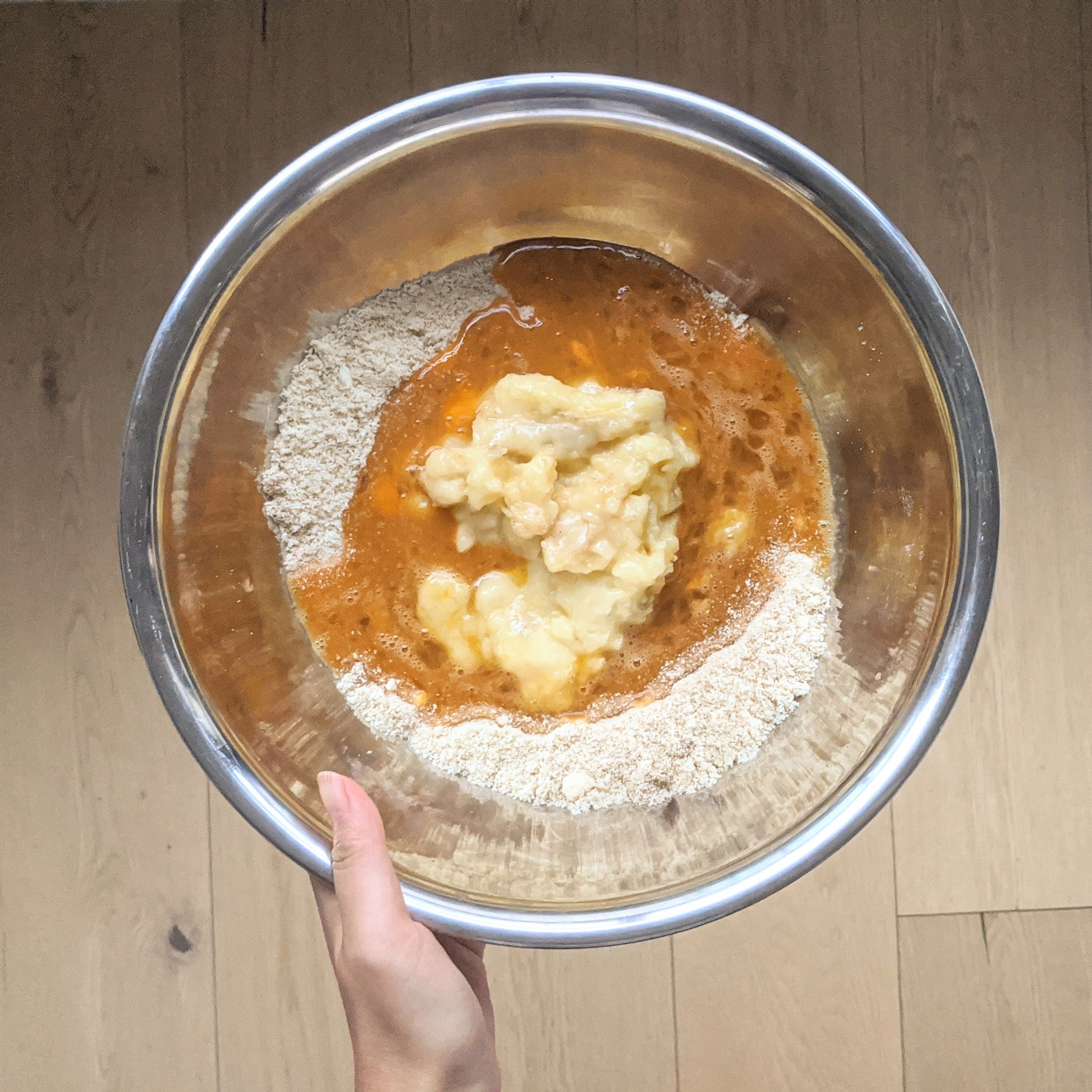 In a large mixing bowl, combine the flours, monk fruit, spices, baking powder and bicarbonate soda.