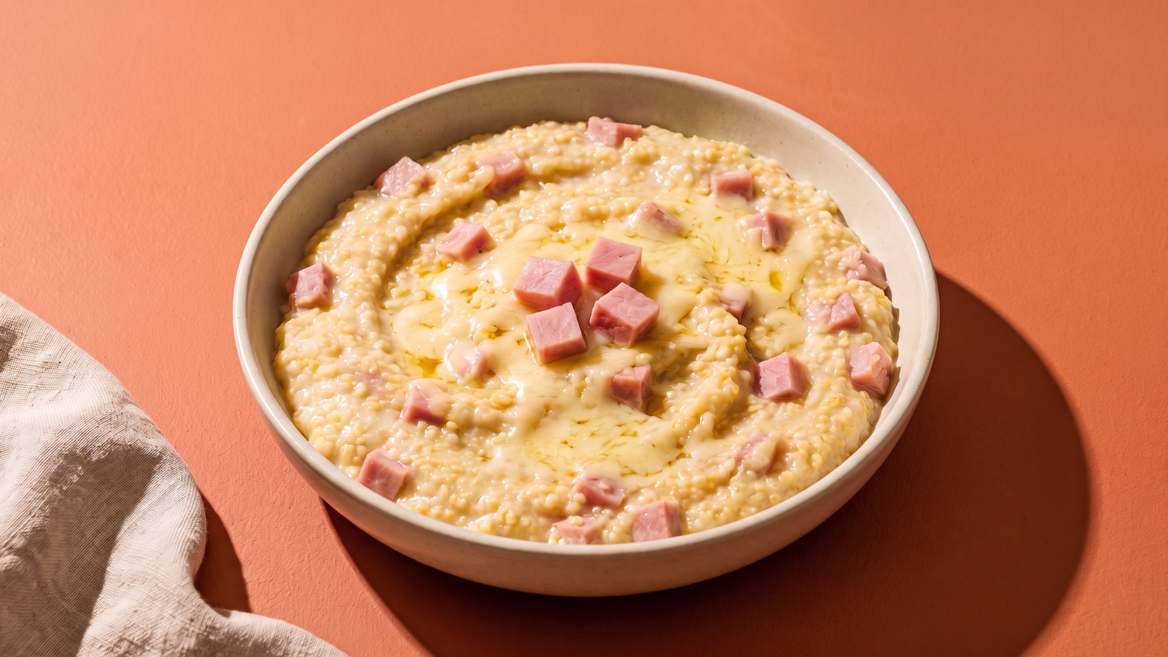 Herzhaftes Frühstück: Hirsebrei mit Schinken und Käse