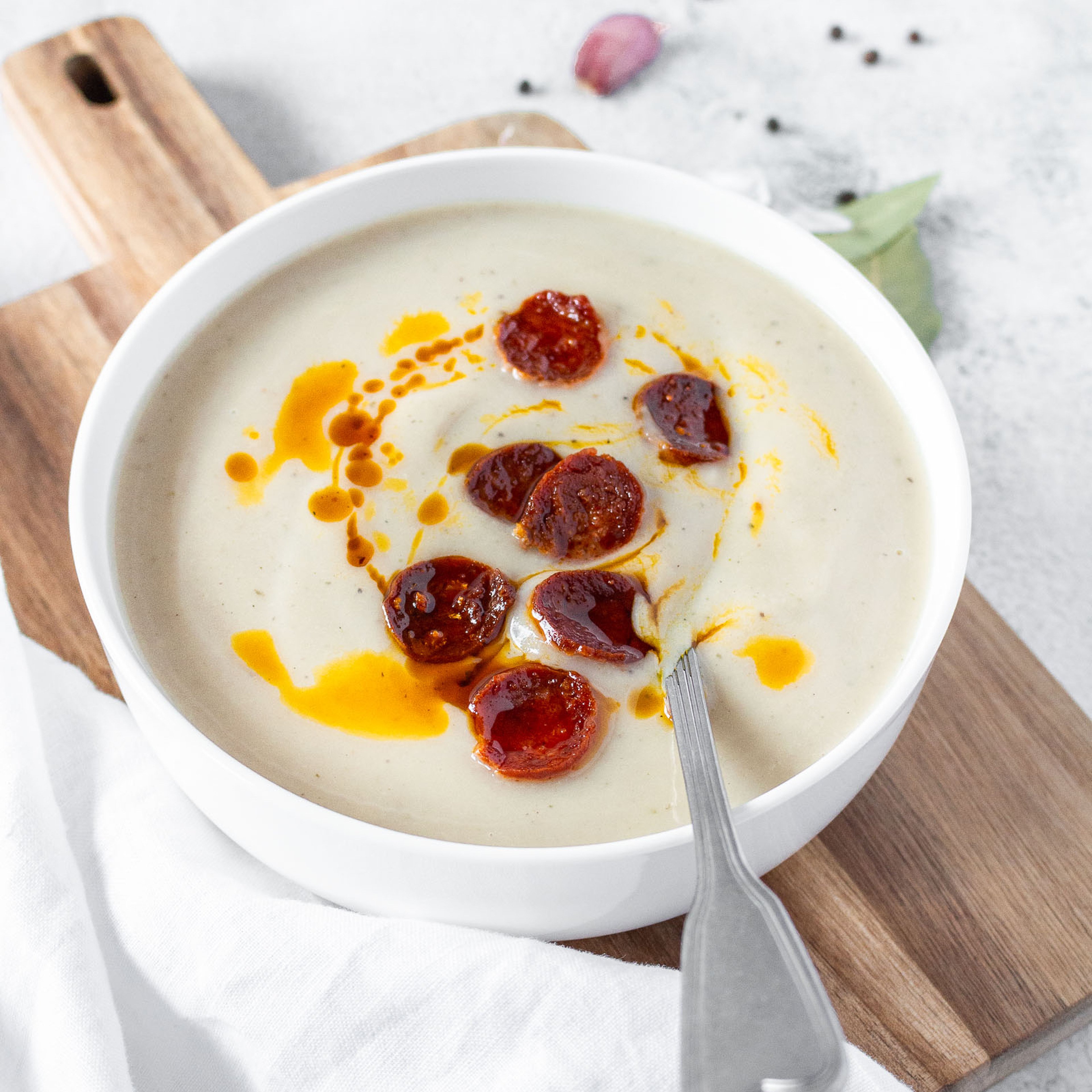 Creamy Cauliflower Soup with Crispy Chorizo Chips