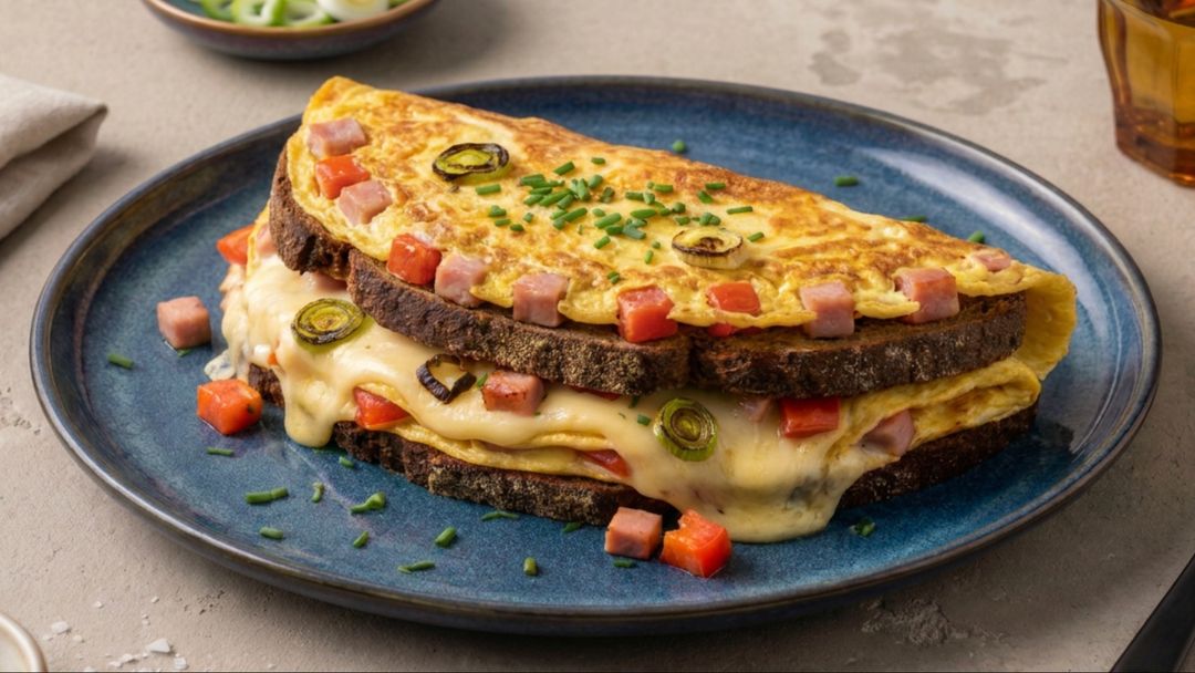 Herzhaftes Airfryer-Sandwich mit Schwarzbrot, Ei und geschmolzenem Käse