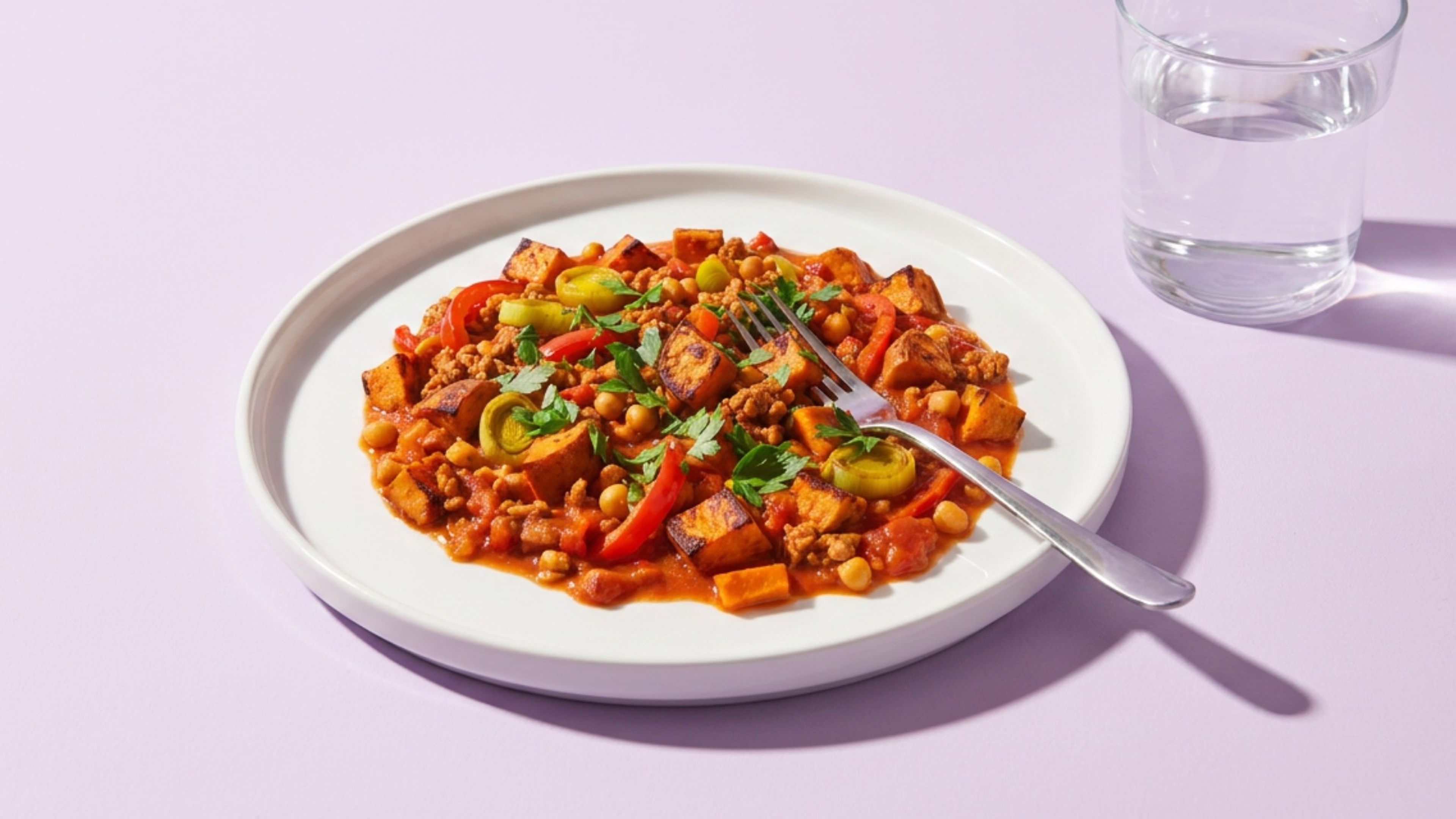 Bunte Süßkartoffel-Lauch-Pfanne mit Kichererbsen und veganem Hack