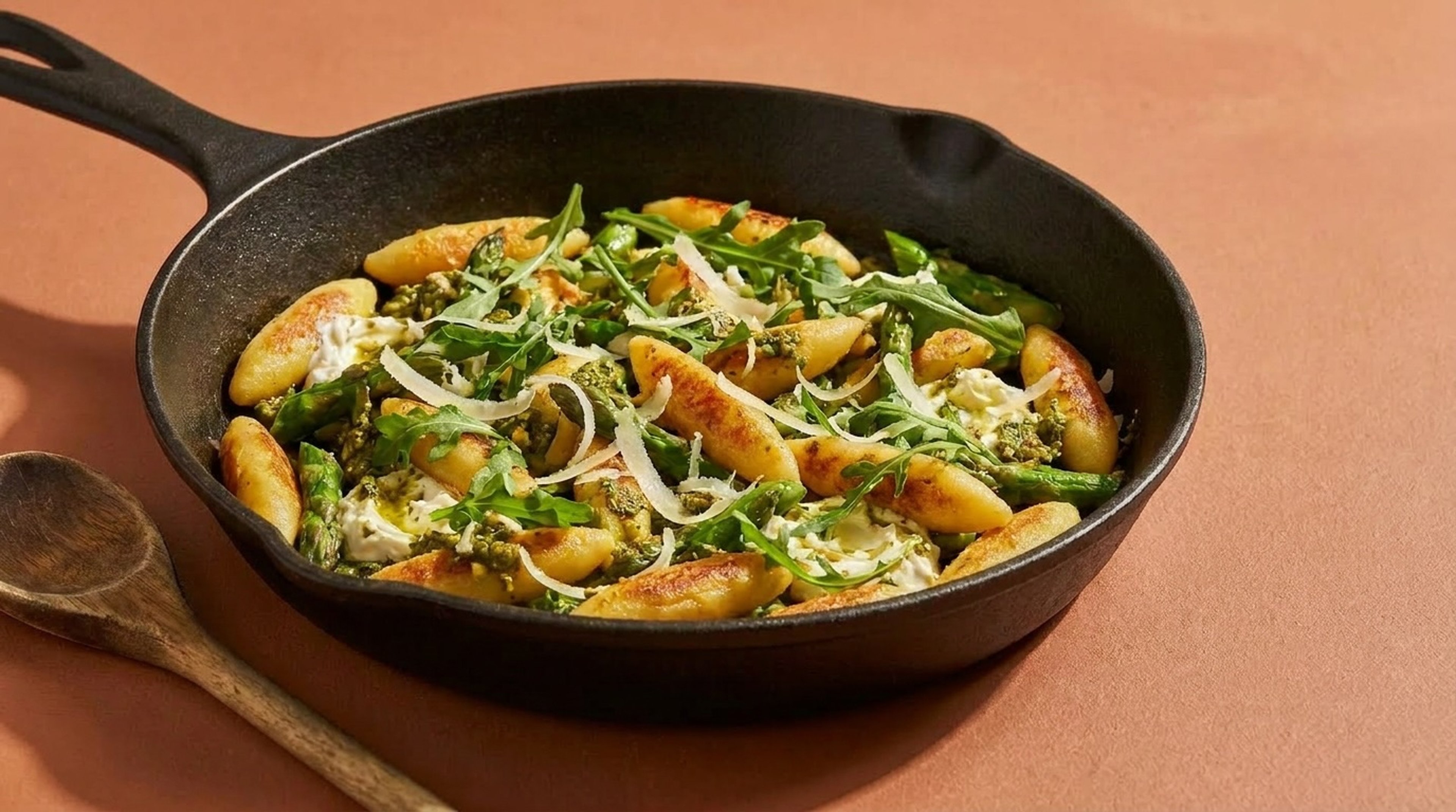 Probiere gebratene Schupfnudeln mit grünem Spargel und Rucola-Pesto