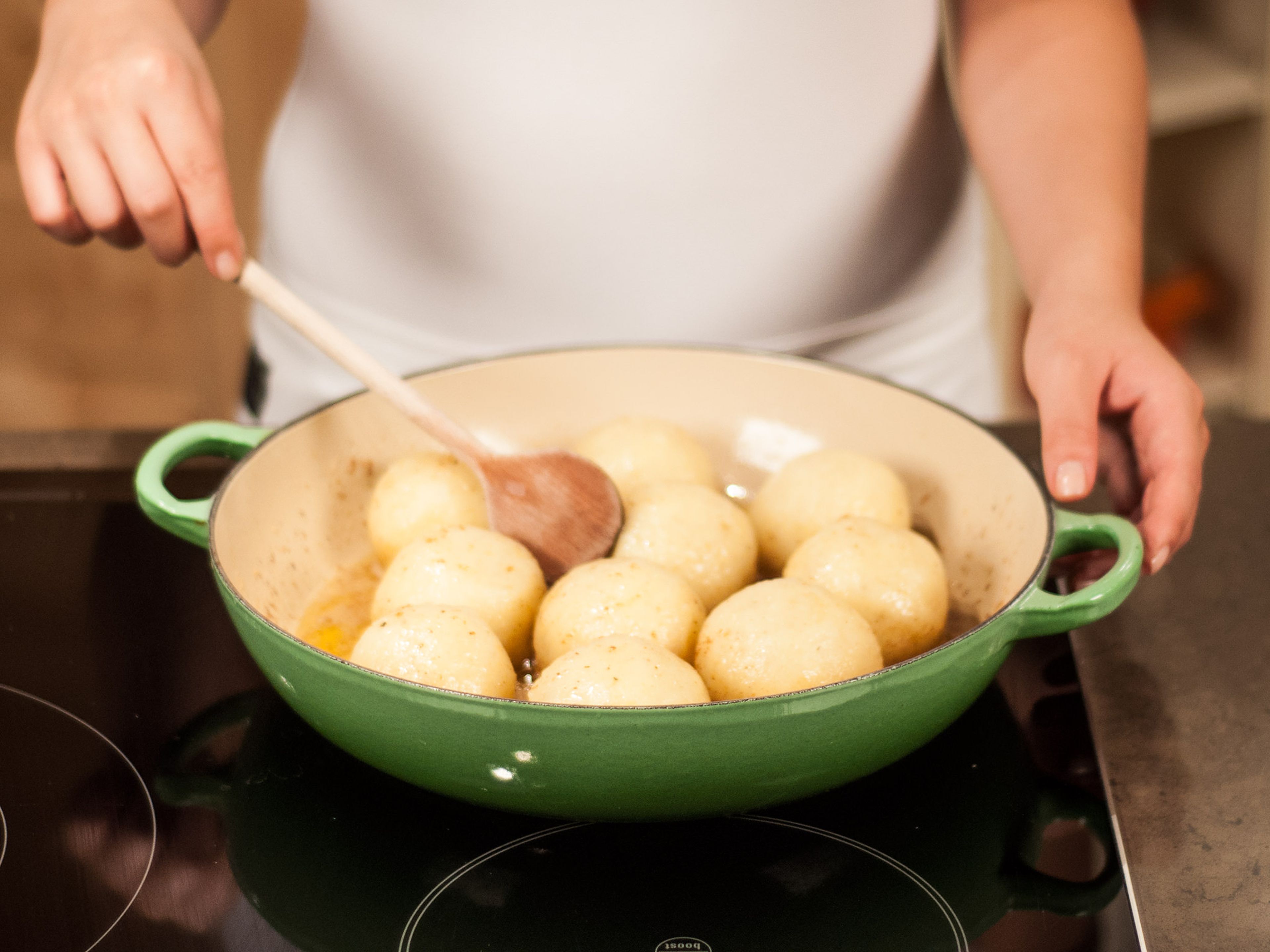 In a large frying pan, slowly heat remaining butter until light brown. Place dumplings into pan and gently toss in butter. Serve with a main course of your choice.