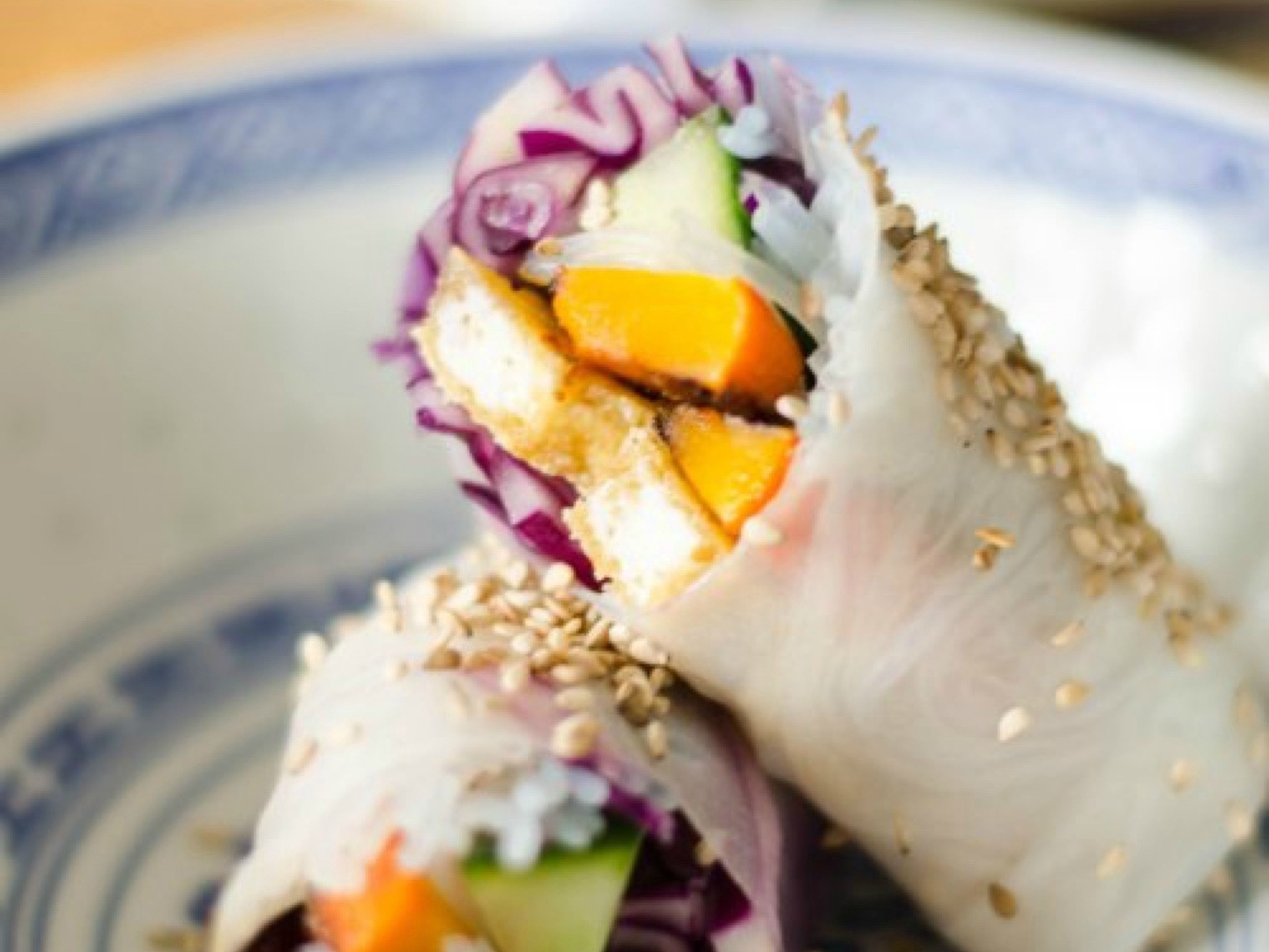 Pumpkin and tofu summer rolls with two dipping sauces