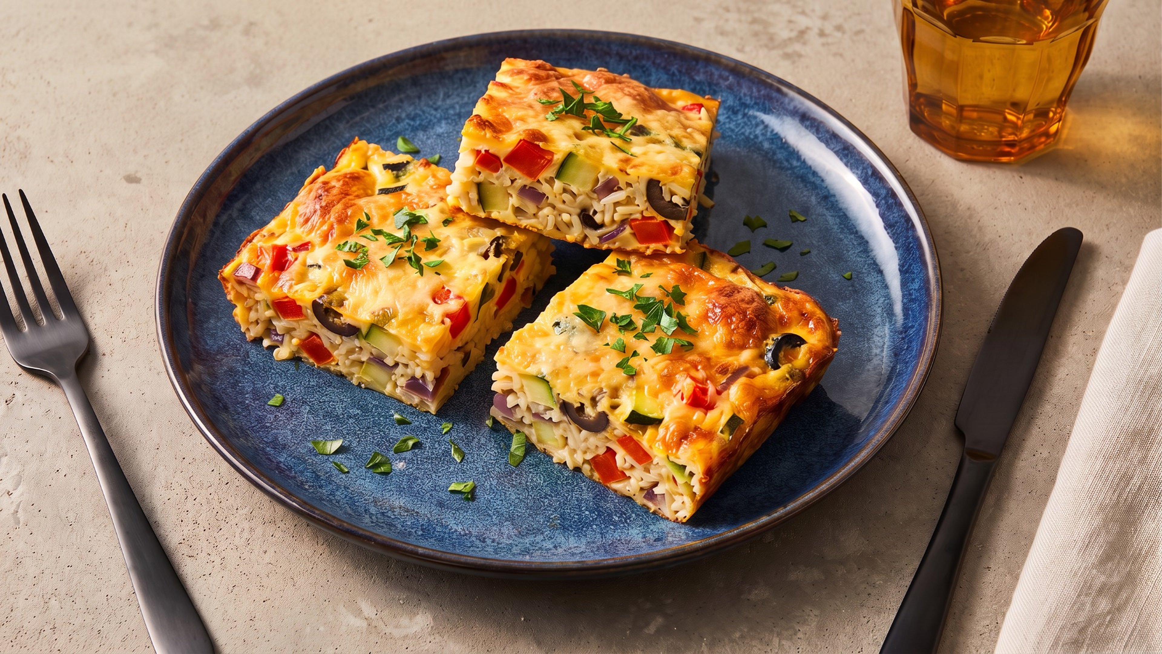 Herzhafte Frittataschnitten mit Reis und Gemüse vom Blech