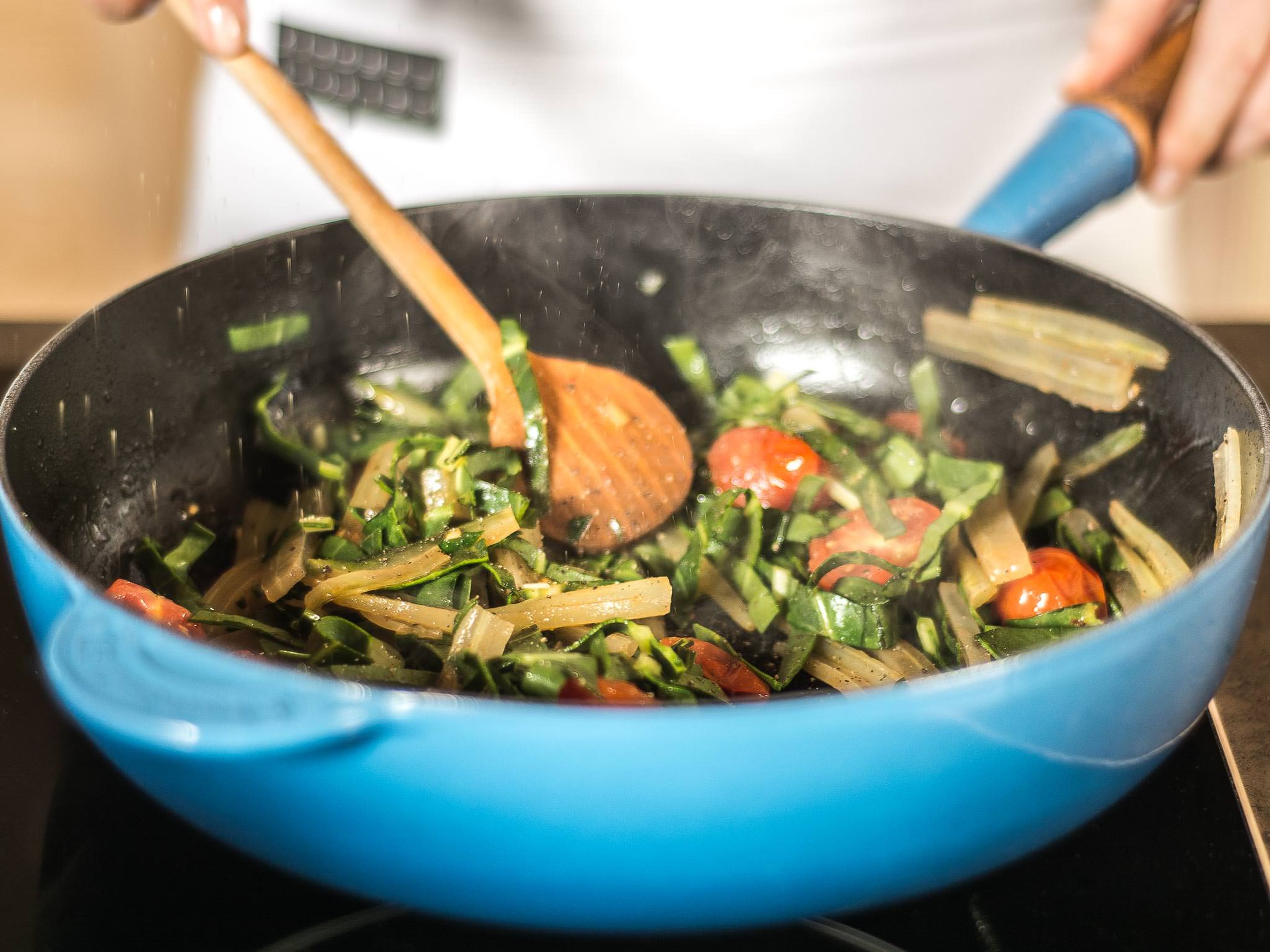 Sauté Swiss chard in some oil with a crushed garlic clove. Add cherry tomatoes and sauté, seasoning with nutmeg and salt and pepper. Serve by placing a baked fish fillet on top of Swiss chard.