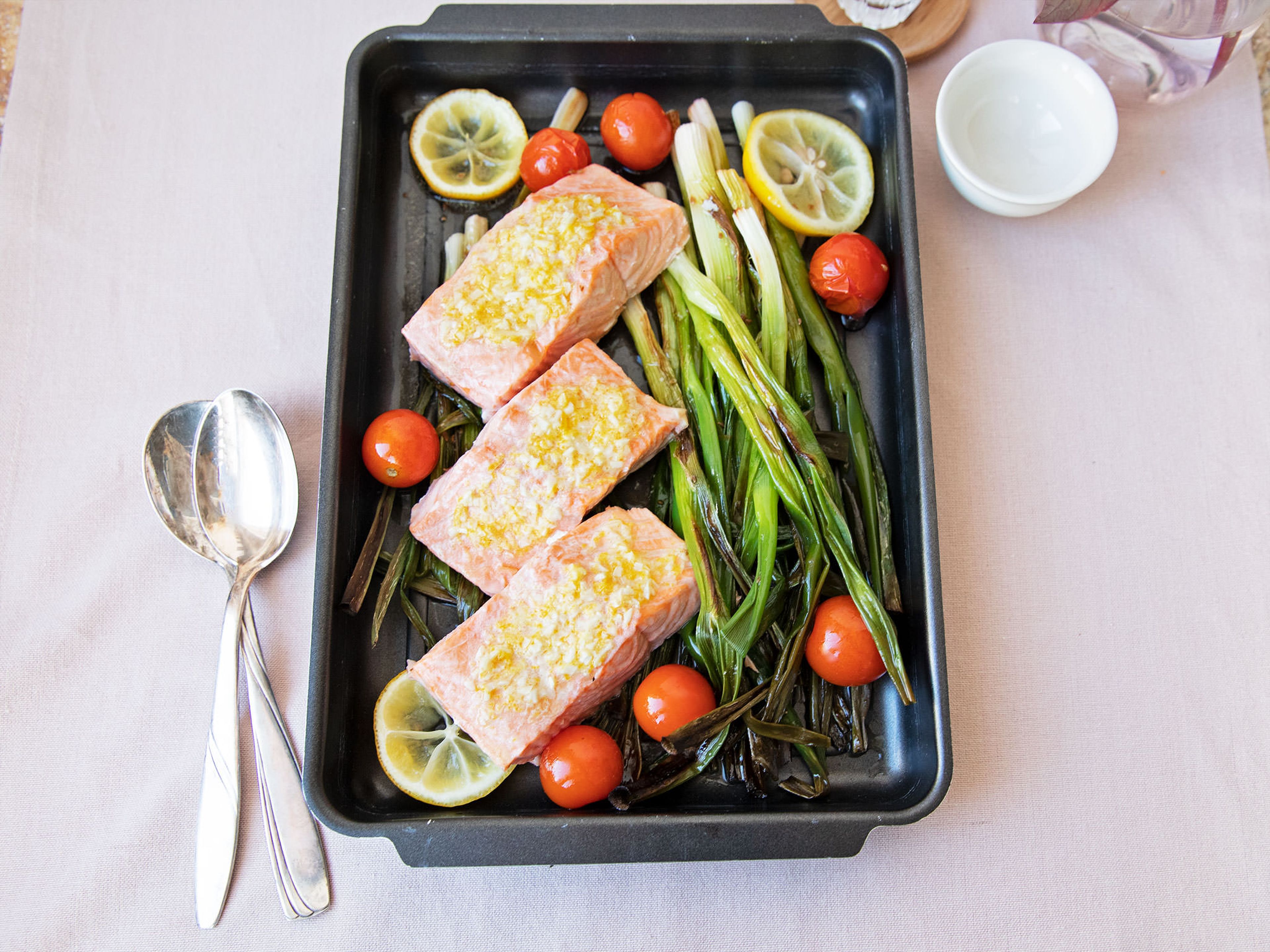 Easy sheet pan salmon with scallions and garlic butter