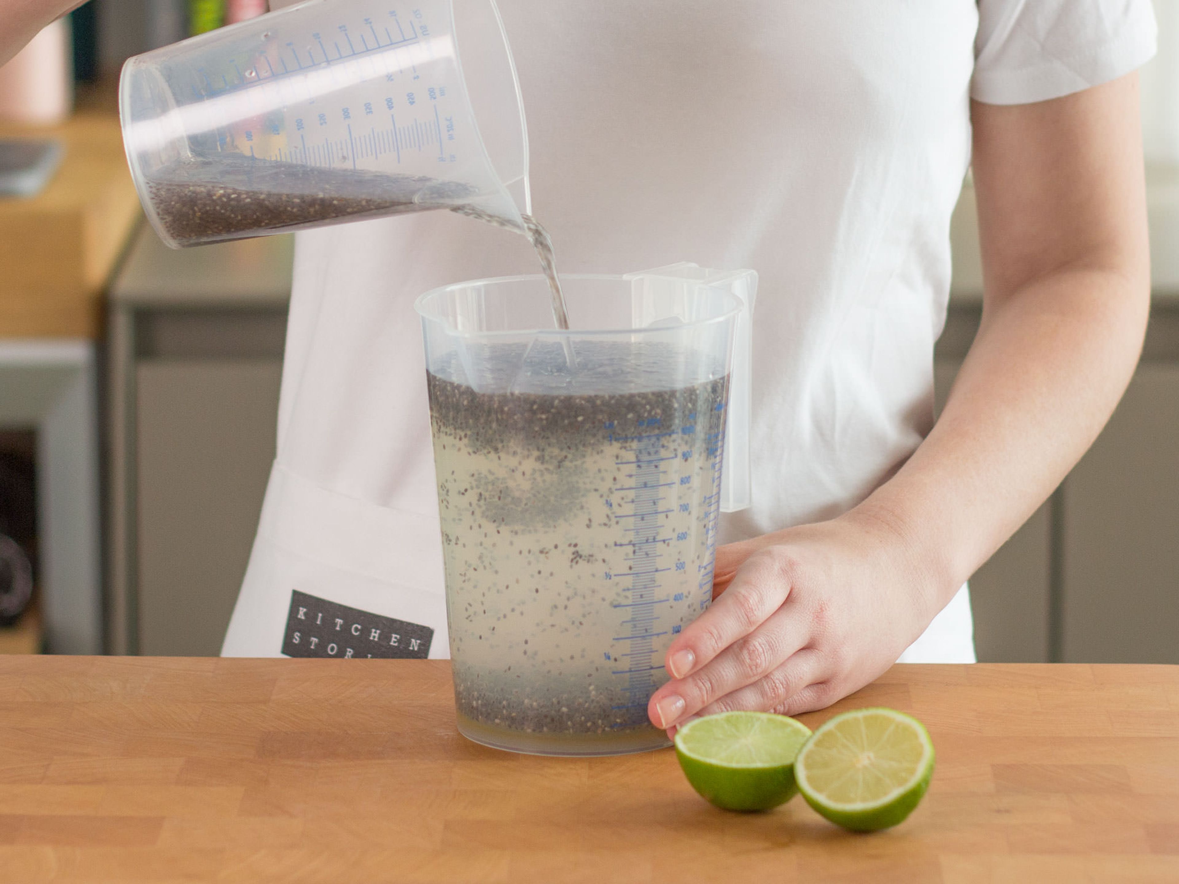 Add lime juice and agave nectar to chia seed water. Stir thoroughly and then add to rest of the water.